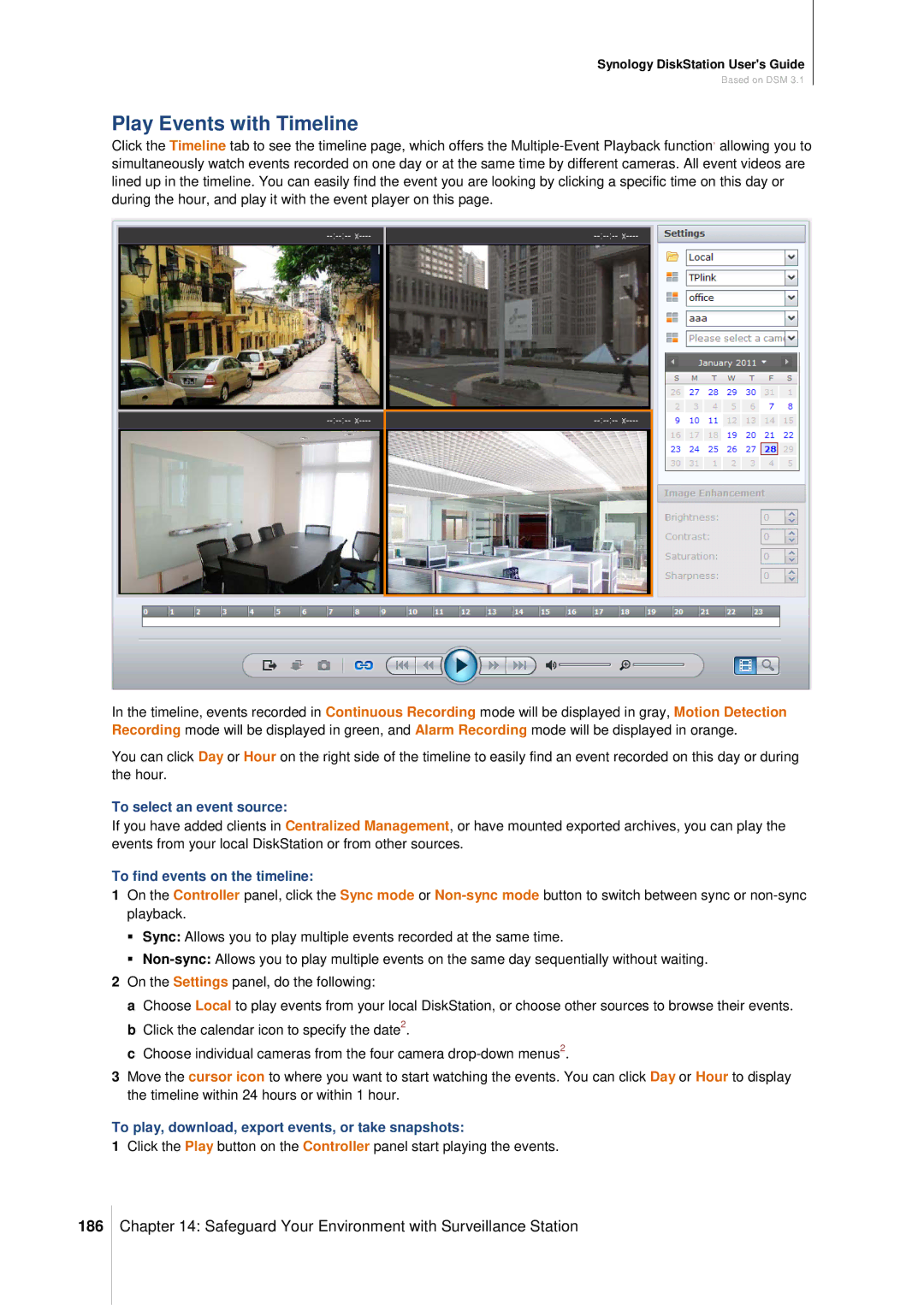 Synology DS411SLIM manual Play Events with Timeline, 186, To select an event source, To find events on the timeline 