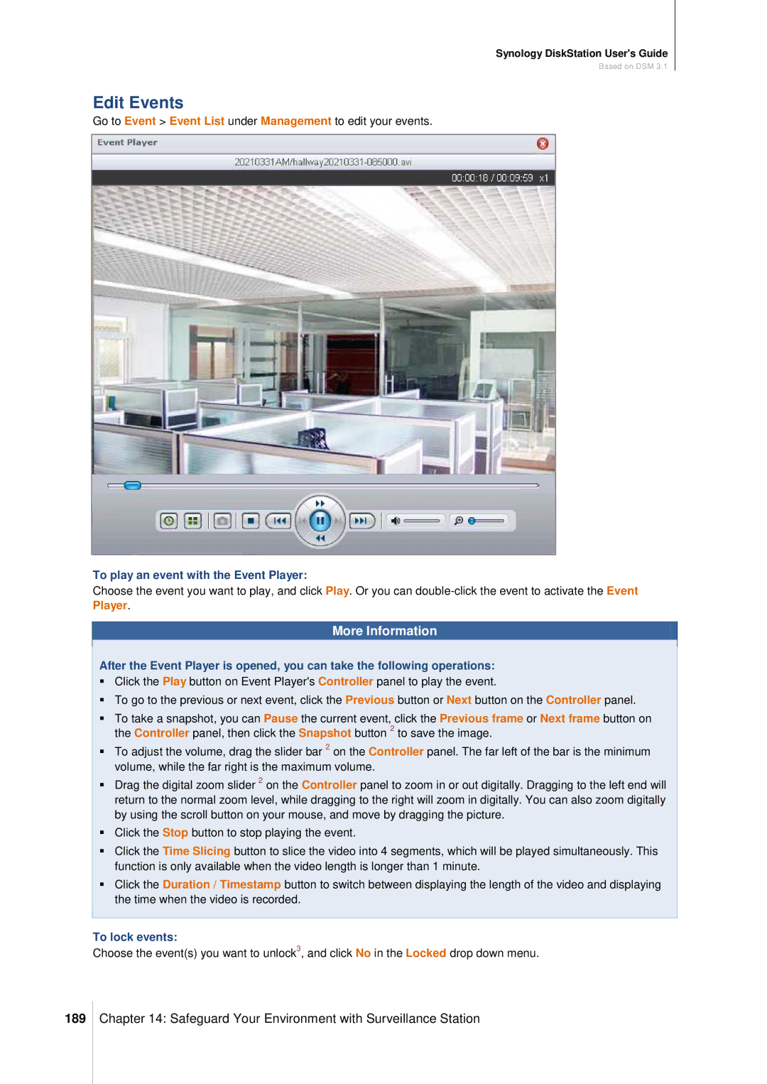 Synology DS411SLIM manual Edit Events, 189, To play an event with the Event Player, To lock events 