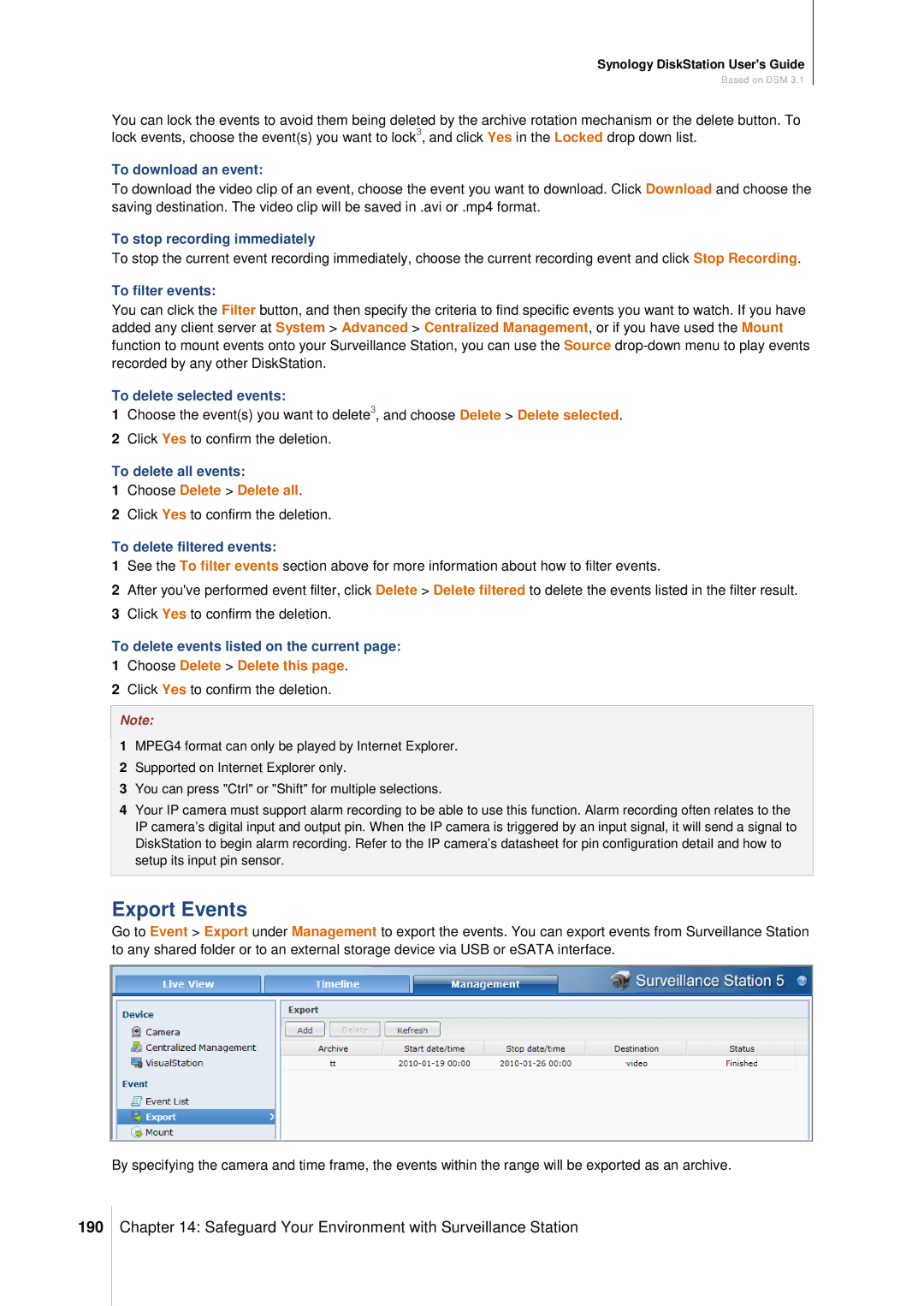 Synology DS411SLIM manual Export Events, 190, Choose Delete Delete all, Choose Delete Delete this 