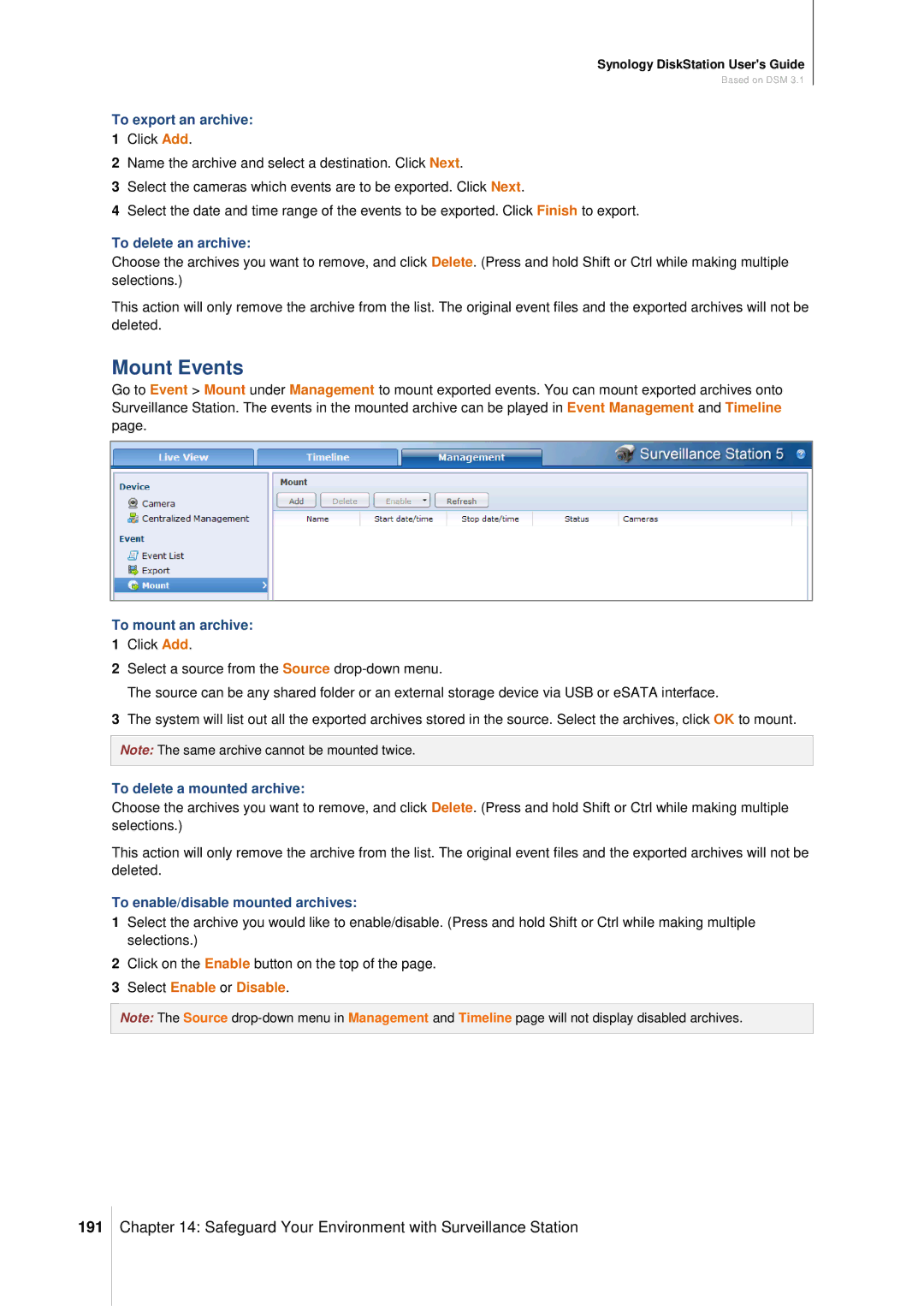 Synology DS411SLIM manual Mount Events, 191, Select Enable or Disable 