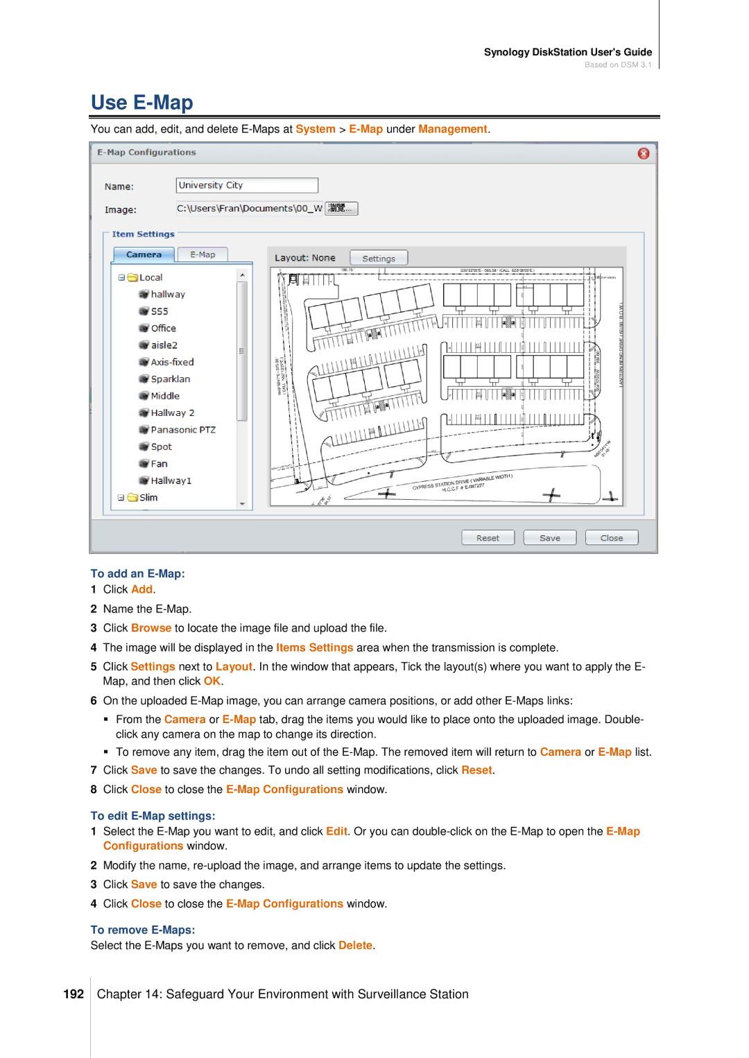 Synology DS411SLIM manual Use E-Map, 192, Click Close to close the E-Map Configurations window 