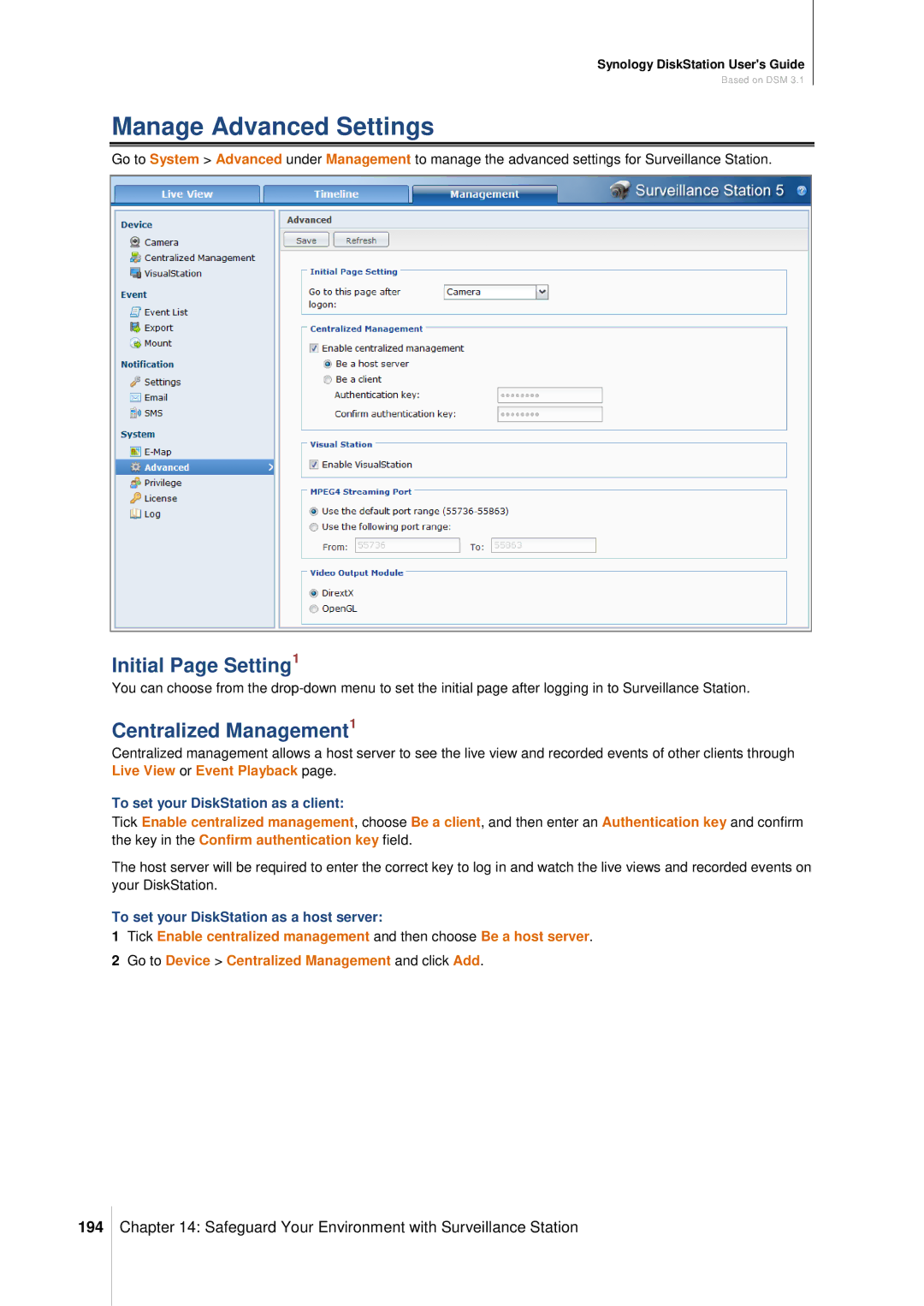 Synology DS411SLIM manual Manage Advanced Settings, Initial Page Setting1, Centralized Management1, 194 