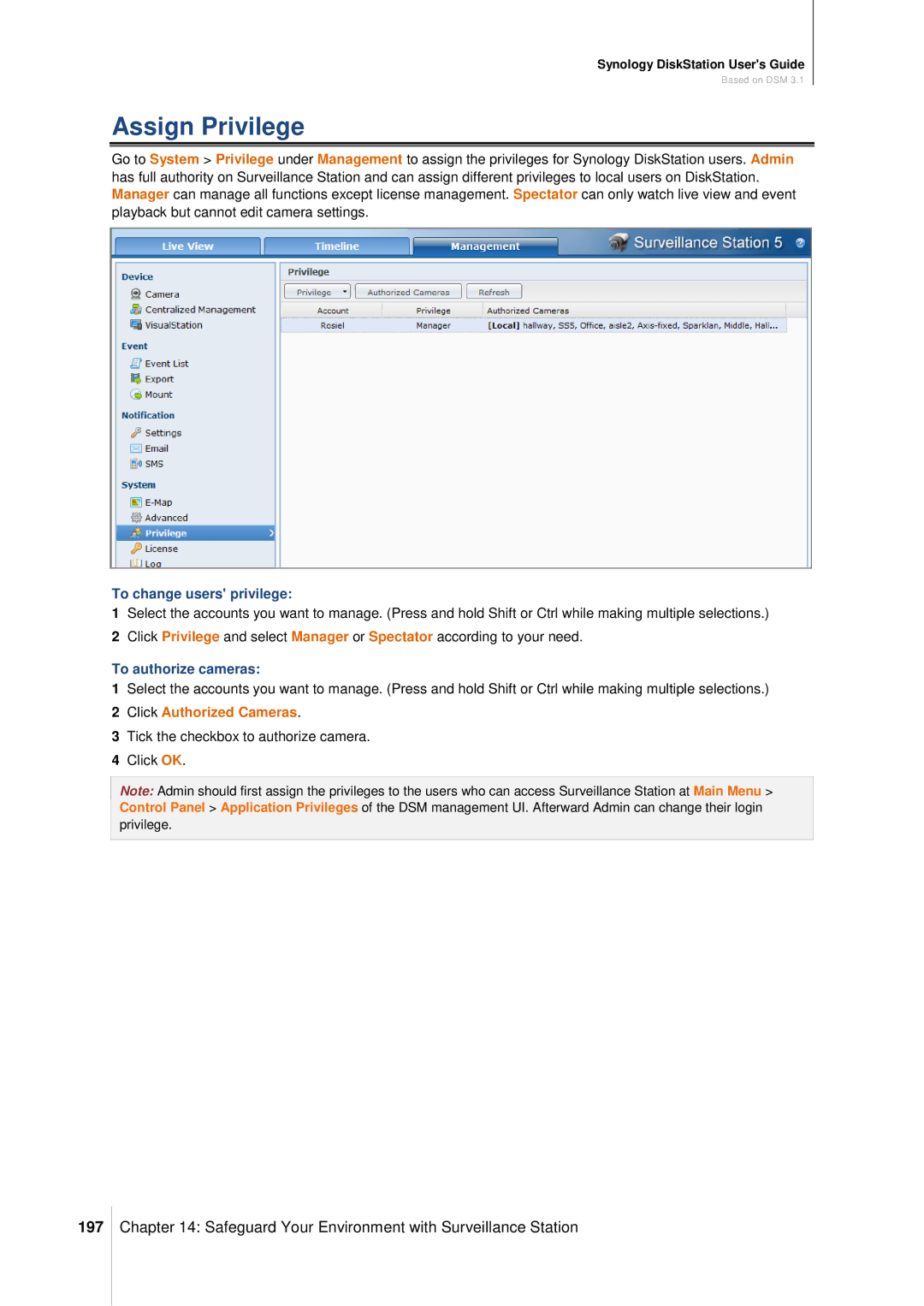 Synology DS411SLIM manual Assign Privilege, 197, To change users privilege, To authorize cameras, Click Authorized Cameras 