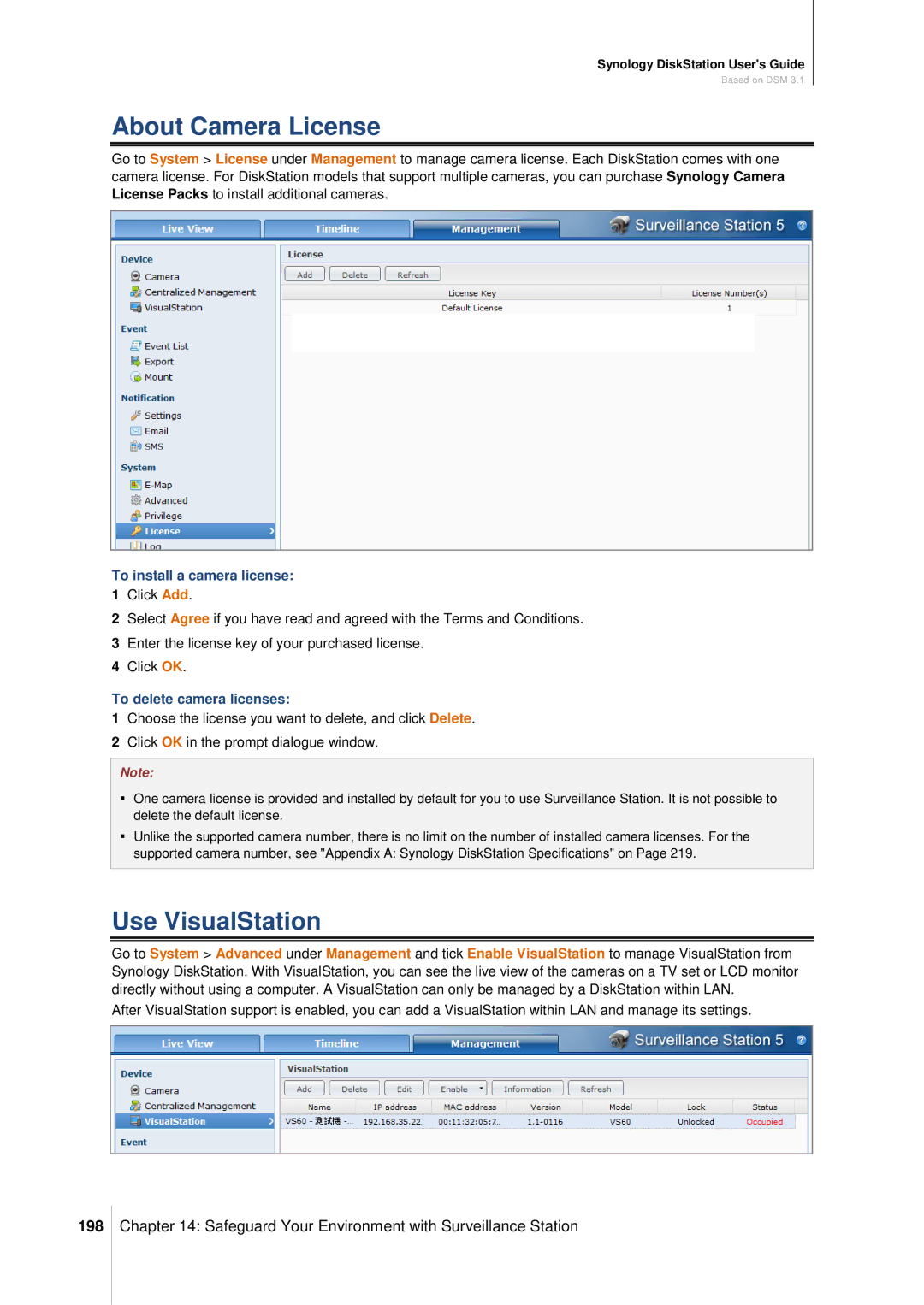 Synology DS411SLIM About Camera License, Use VisualStation, 198, To install a camera license, To delete camera licenses 