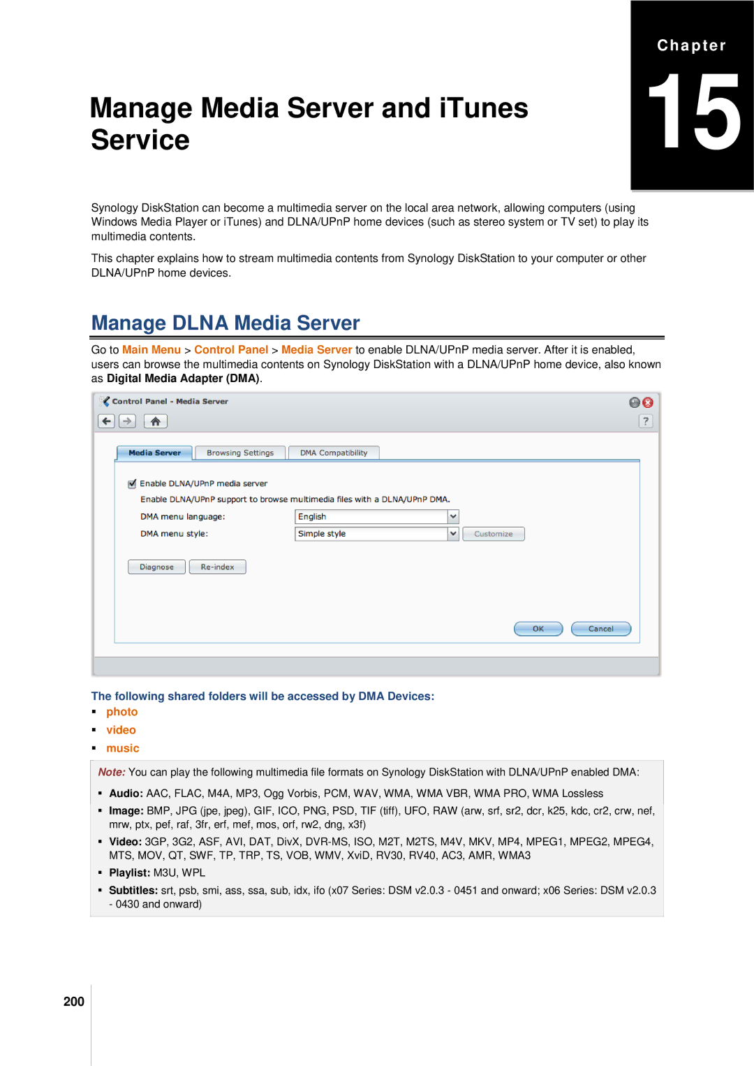 Synology DS411SLIM manual Manage Dlna Media Server, 200, Following shared folders will be accessed by DMA Devices 