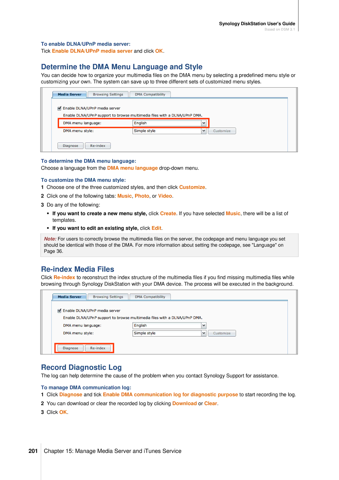 Synology DS411SLIM manual Determine the DMA Menu Language and Style, Re-index Media Files, Record Diagnostic Log, 201 