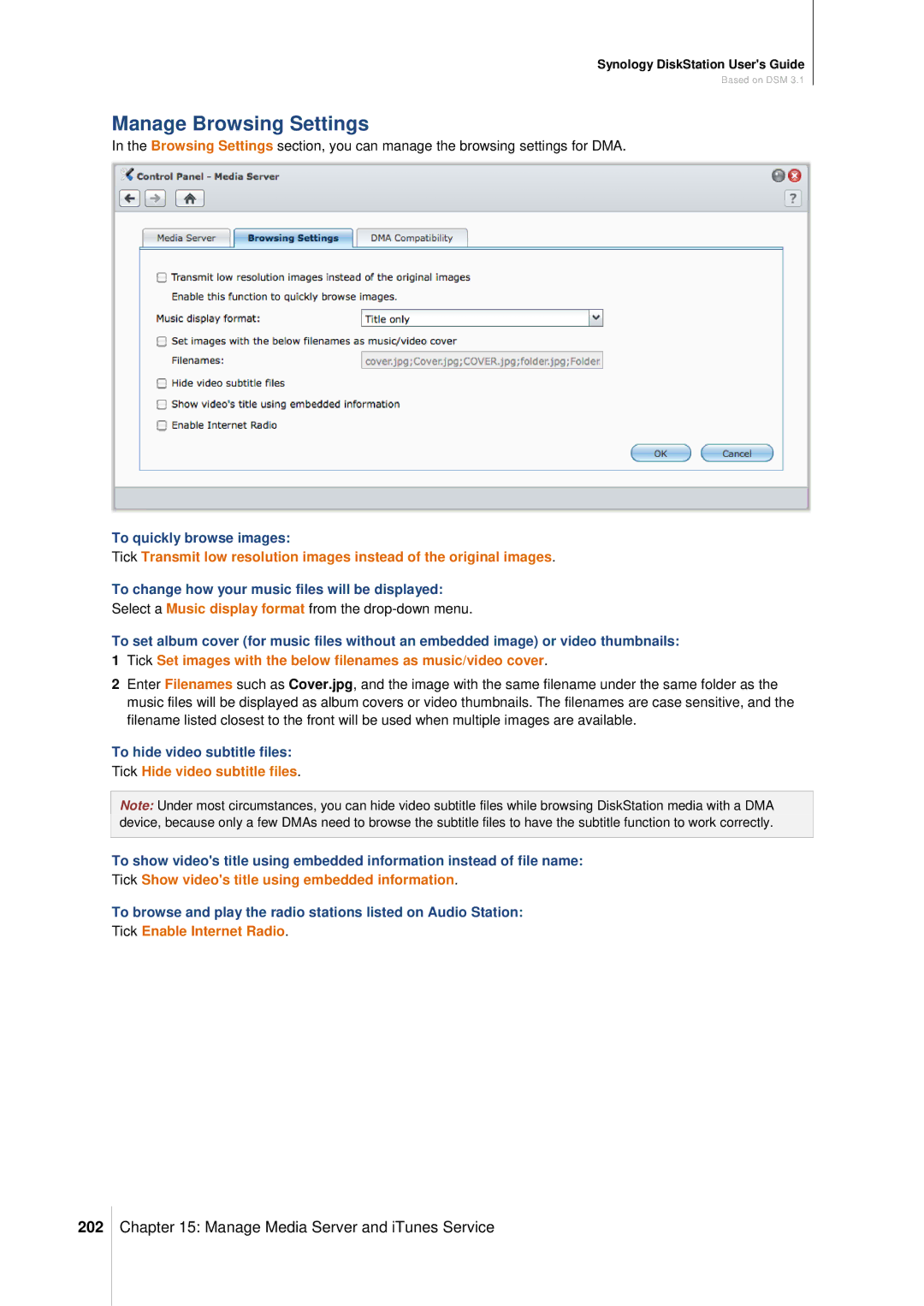 Synology DS411SLIM manual Manage Browsing Settings, 202, Tick Hide video subtitle files, Tick Enable Internet Radio 