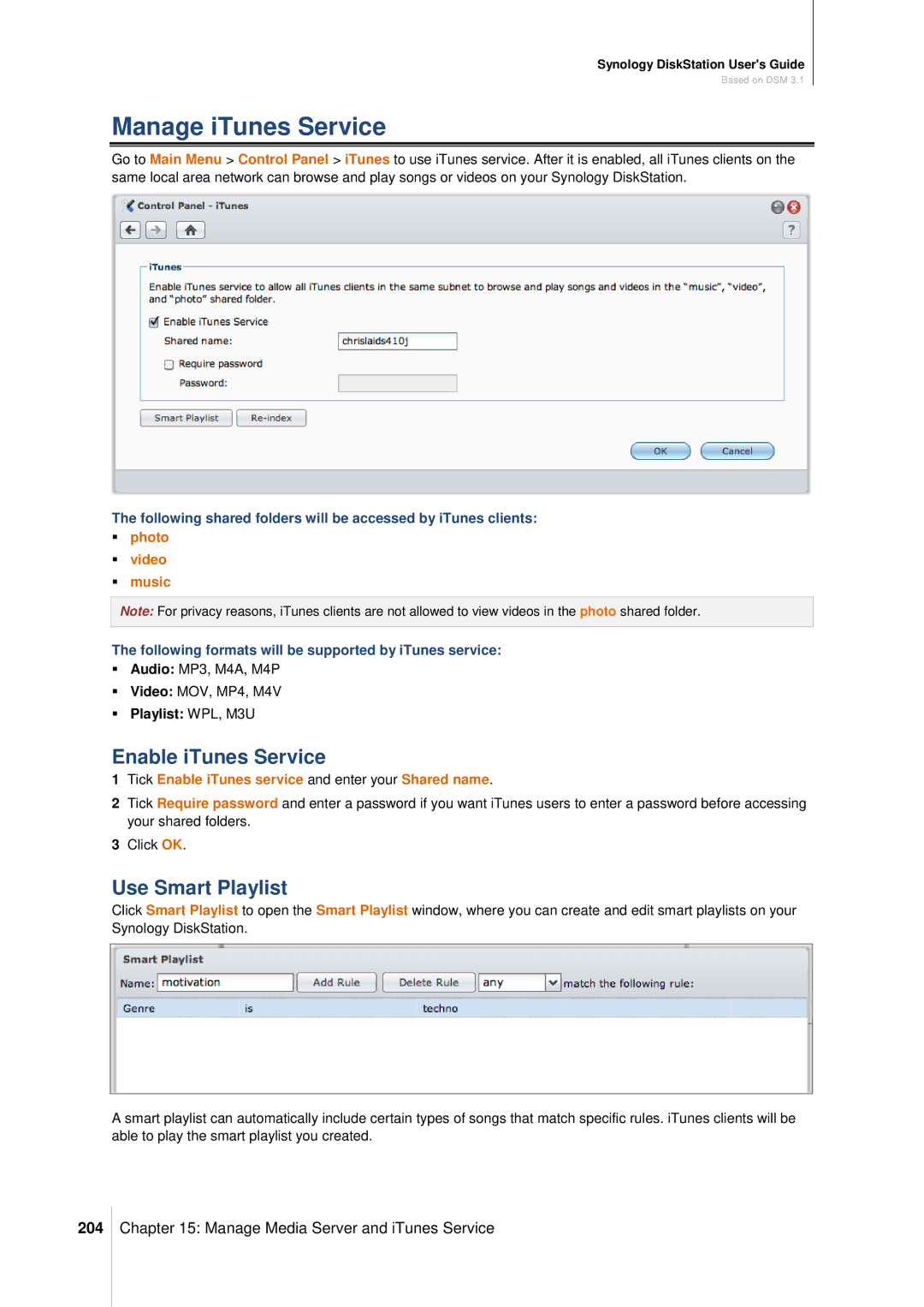 Synology DS411SLIM manual Manage iTunes Service, Enable iTunes Service, Use Smart Playlist, 204 