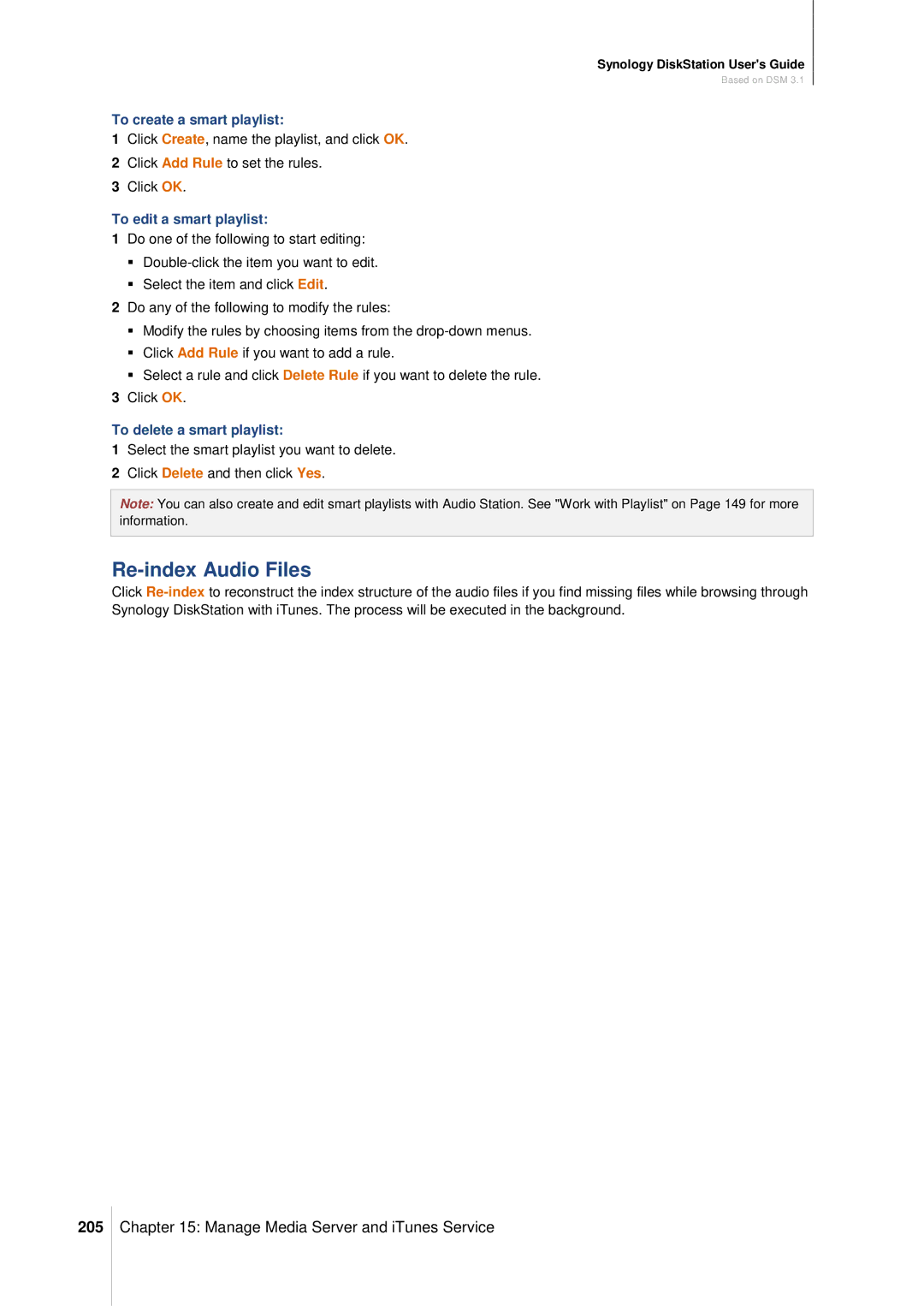 Synology DS411SLIM manual Re-index Audio Files, 205, To edit a smart playlist, To delete a smart playlist 