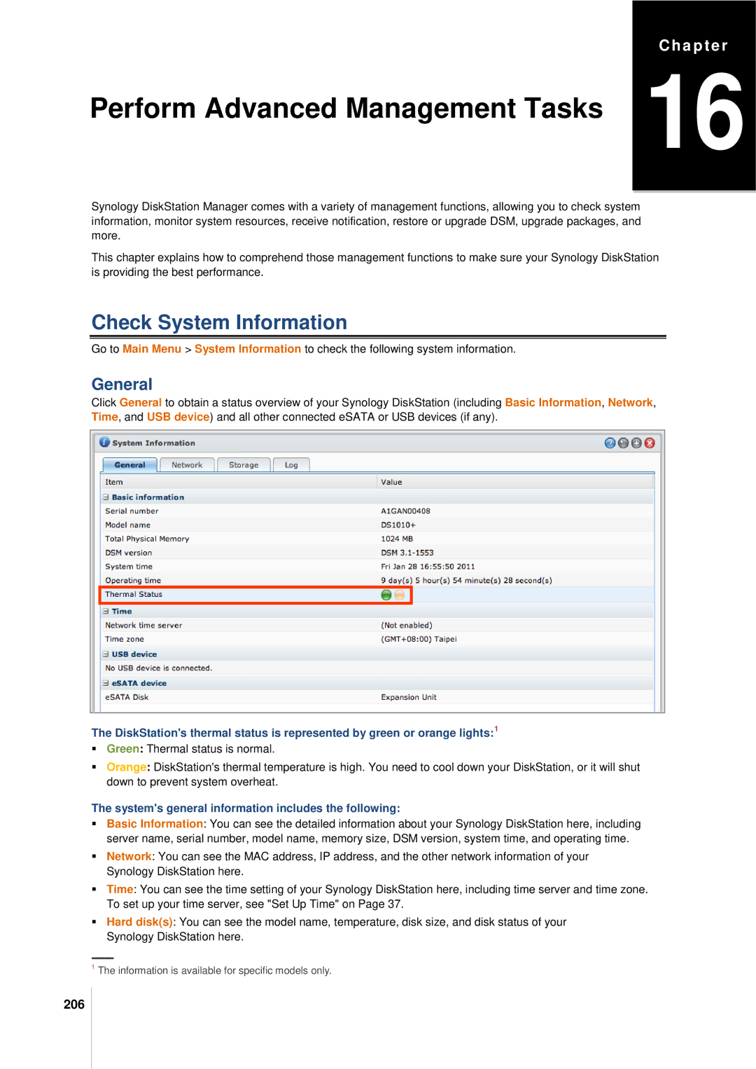 Synology DS411SLIM manual Check System Information, 206, Systems general information includes the following 