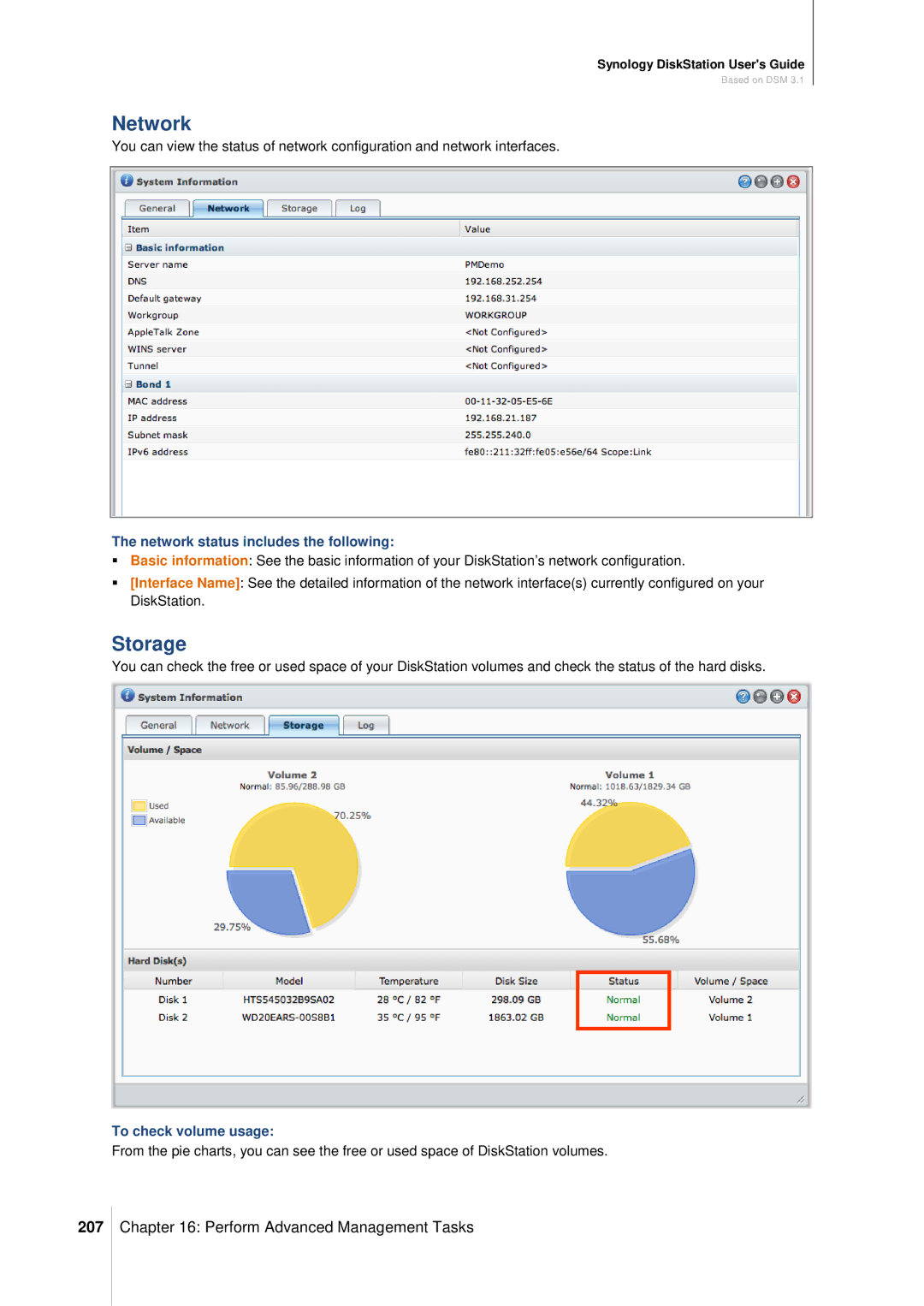 Synology DS411SLIM manual Storage, 207, Network status includes the following, To check volume usage 