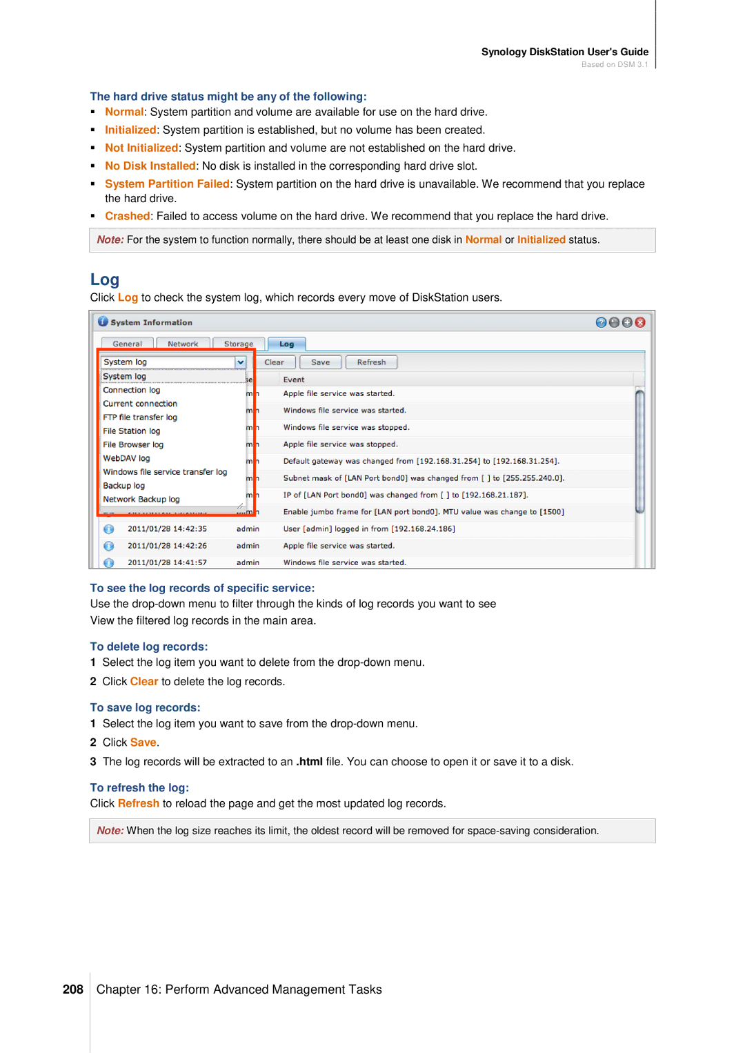 Synology DS411SLIM manual Log, 208 
