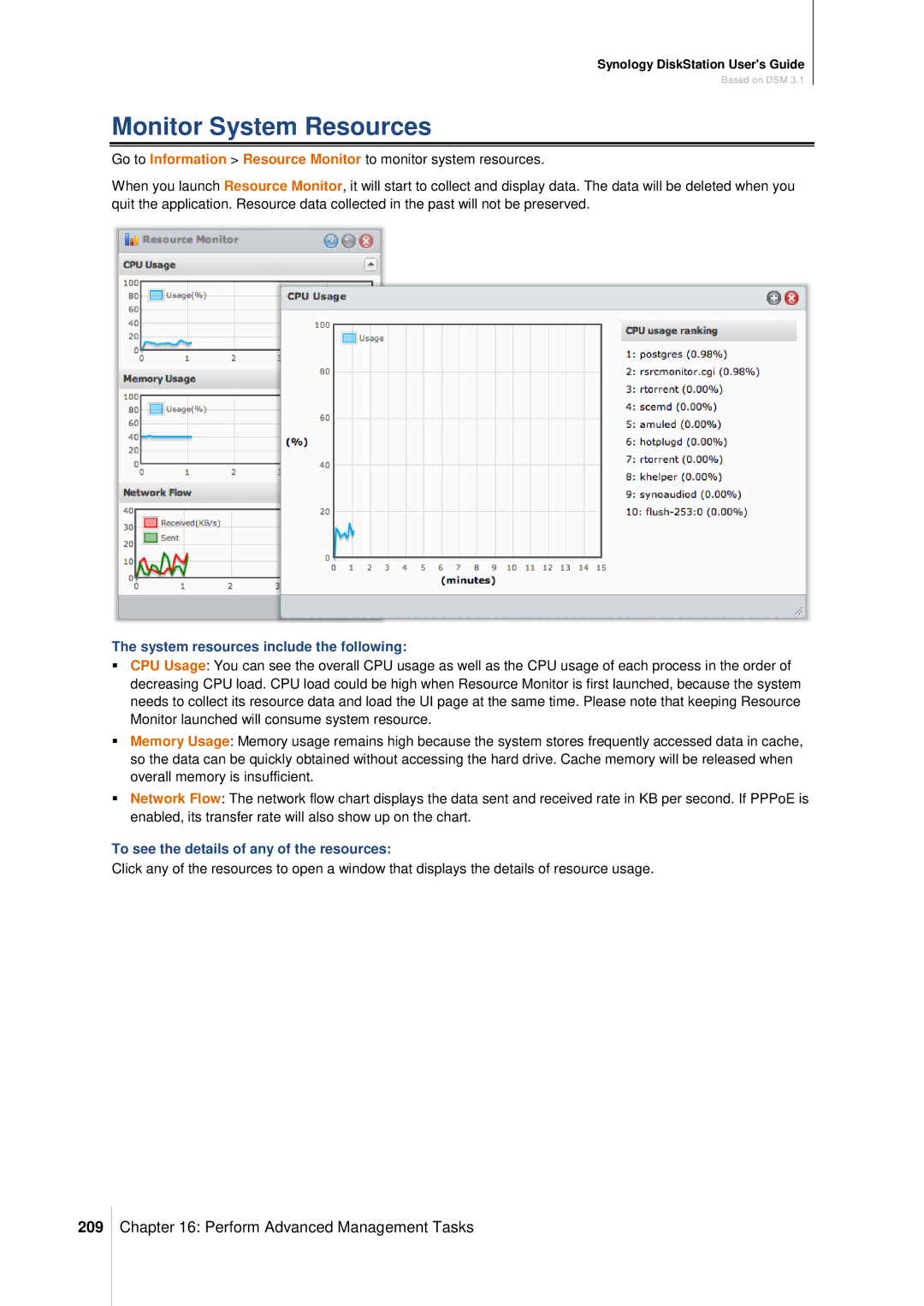 Synology DS411SLIM manual Monitor System Resources, 209, System resources include the following 