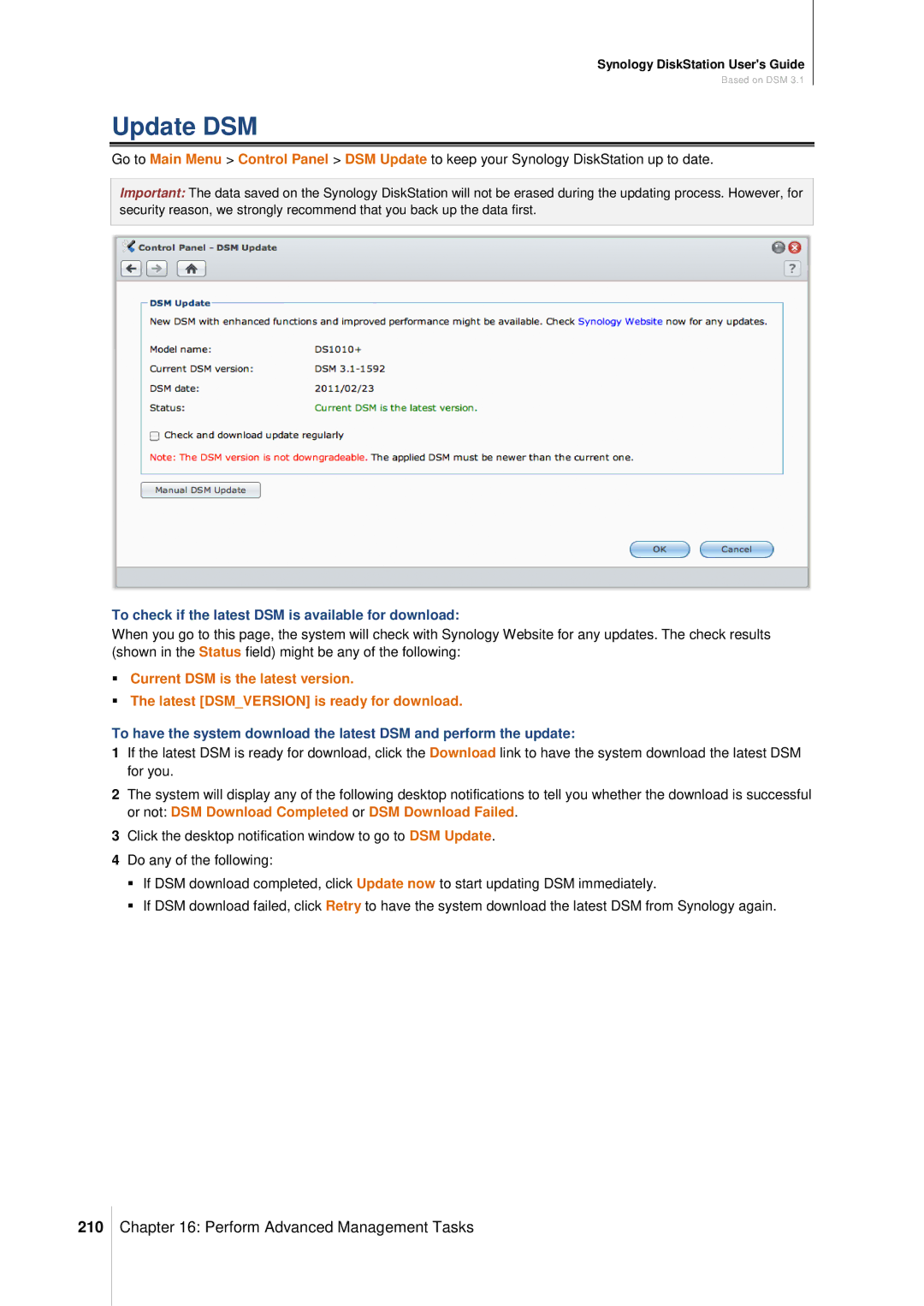 Synology DS411SLIM manual Update DSM, 210, To check if the latest DSM is available for download 