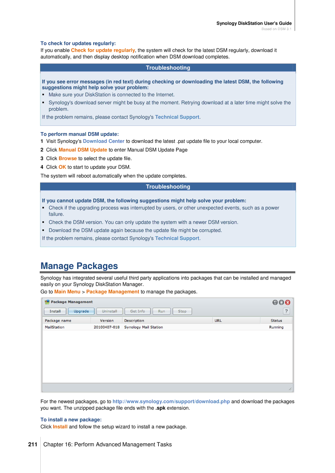 Synology DS411SLIM Manage Packages, 211, To check for updates regularly, To perform manual DSM update 