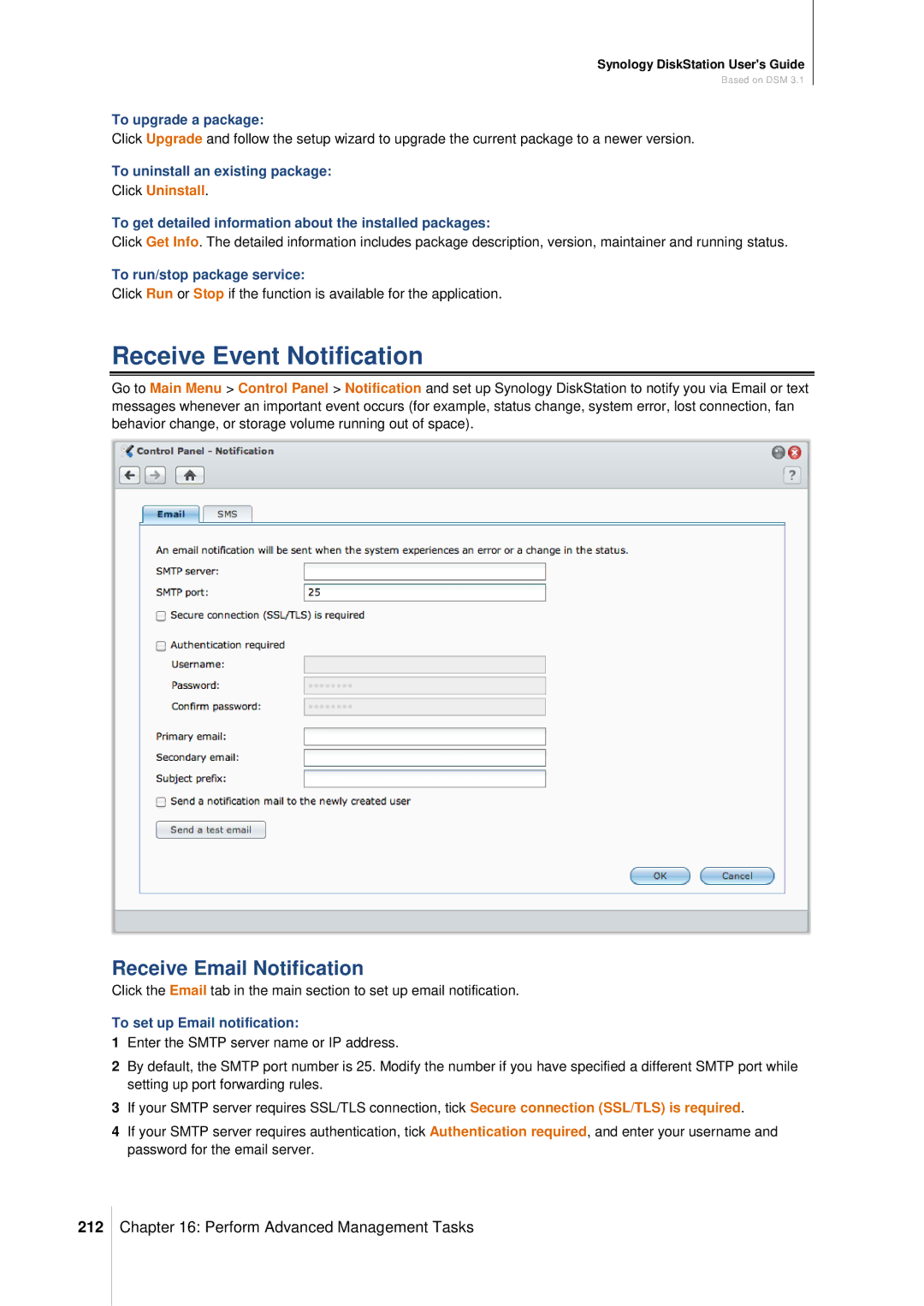 Synology DS411SLIM manual Receive Event Notification, Receive Email Notification, 212, Click Uninstall 