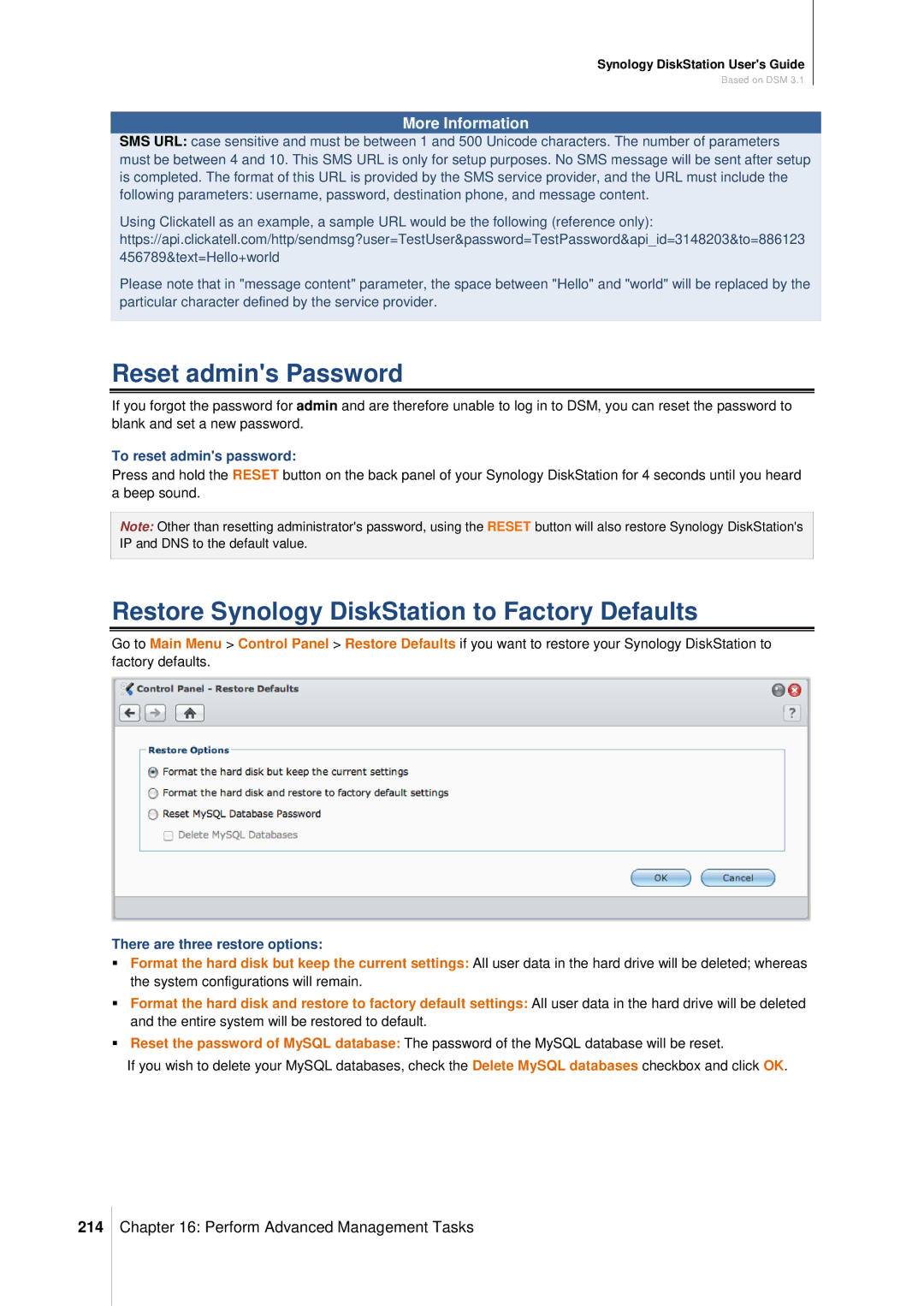 Synology DS411SLIM Reset admins Password, Restore Synology DiskStation to Factory Defaults, 214, To reset admins password 