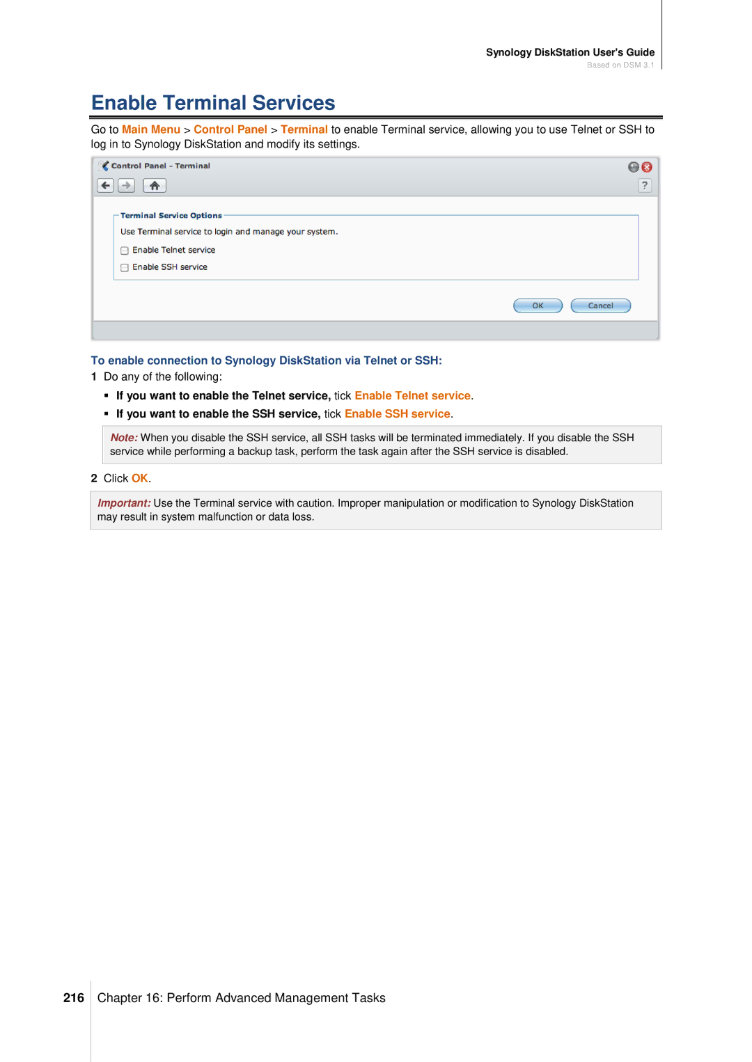 Synology DS411SLIM manual Enable Terminal Services, 216 