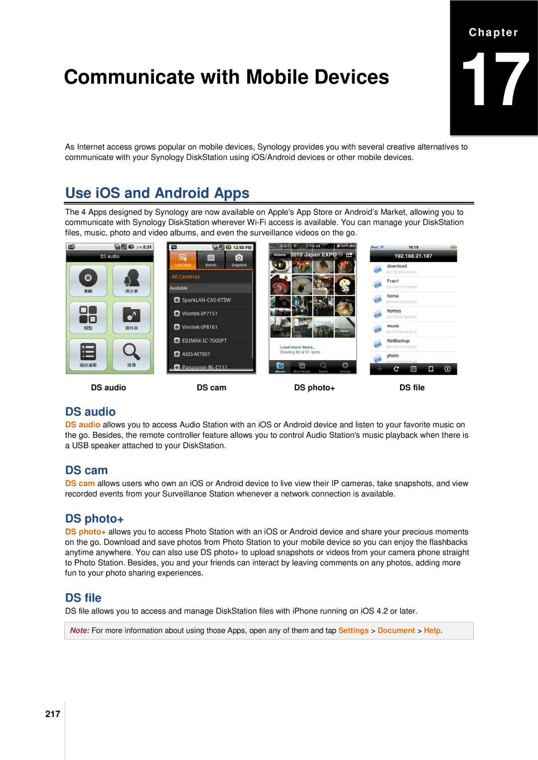 Synology DS411SLIM manual Use iOS and Android Apps, DS audio, DS cam, DS photo+, DS file 
