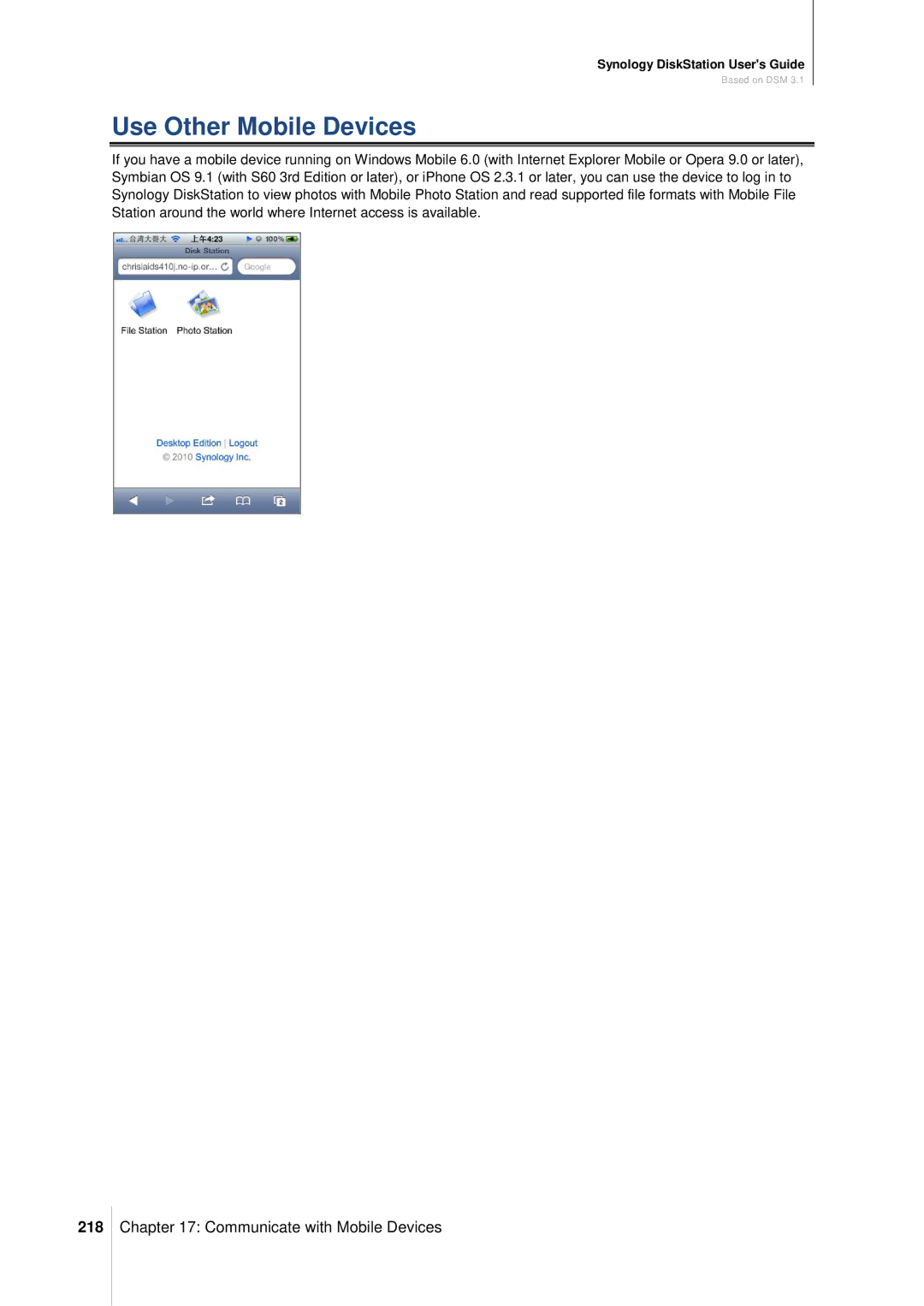 Synology DS411SLIM manual Use Other Mobile Devices, 218 