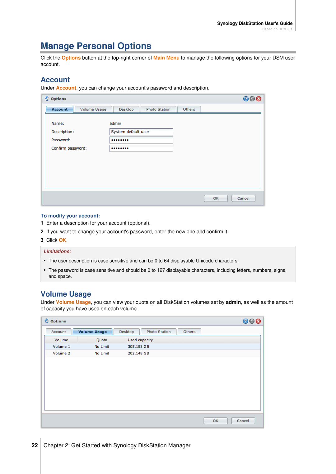 Synology DS411SLIM manual Manage Personal Options, Account, Volume Usage, To modify your account 