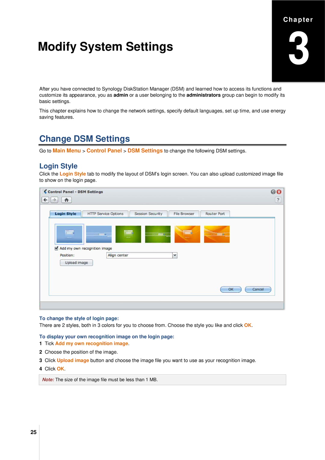 Synology DS411SLIM manual Change DSM Settings, Login Style, To change the style of login, Tick Add my own recognition image 