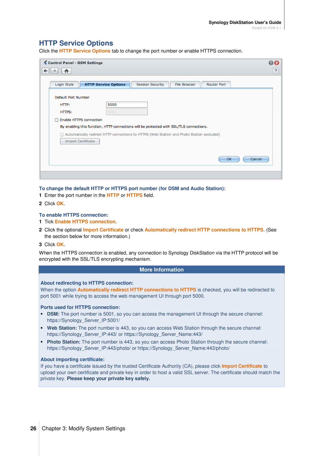 Synology DS411SLIM manual Http Service Options, To enable Https connection, About redirecting to Https connection 