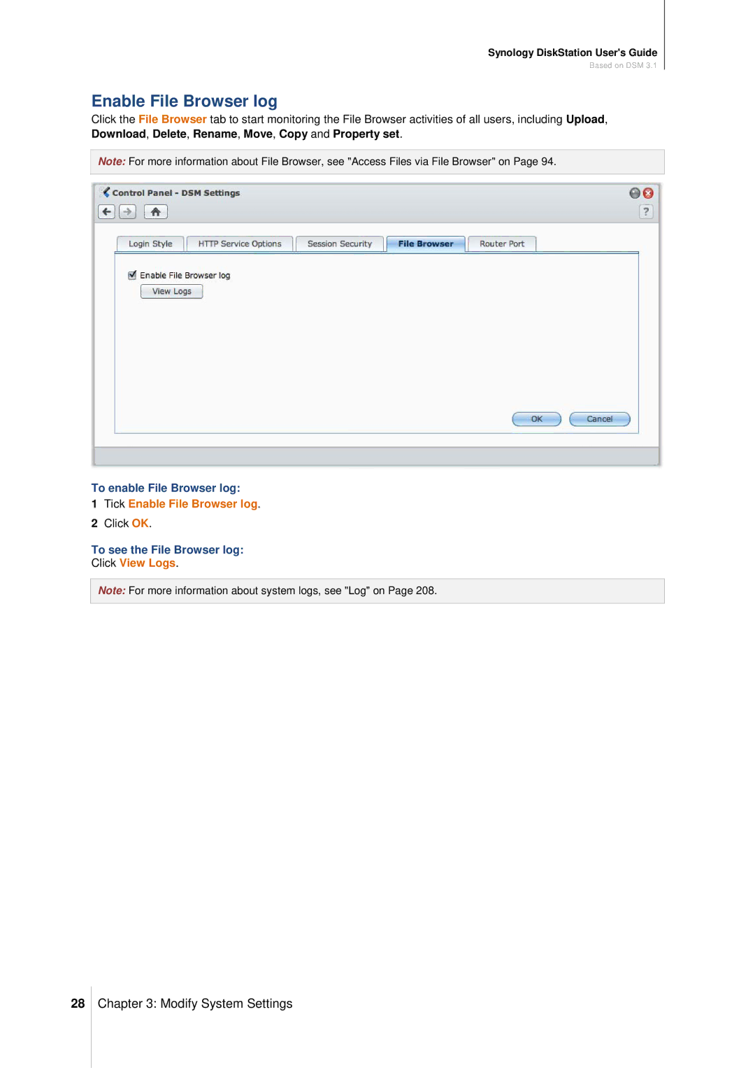 Synology DS411SLIM manual To enable File Browser log, Tick Enable File Browser log, To see the File Browser log 