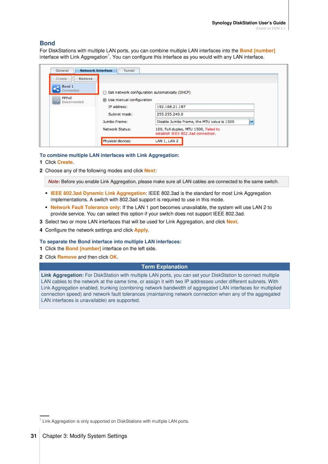 Synology DS411SLIM manual Bond, To combine multiple LAN interfaces with Link Aggregation 