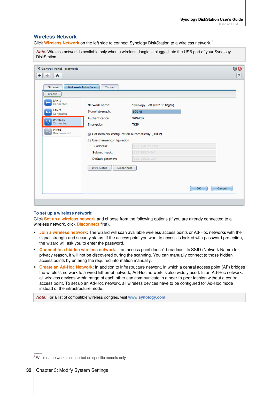 Synology DS411SLIM manual Wireless Network, To set up a wireless network 