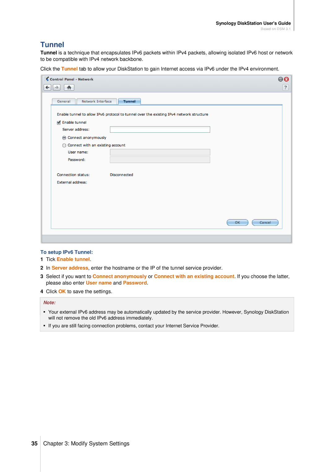 Synology DS411SLIM manual To setup IPv6 Tunnel, Tick Enable tunnel 