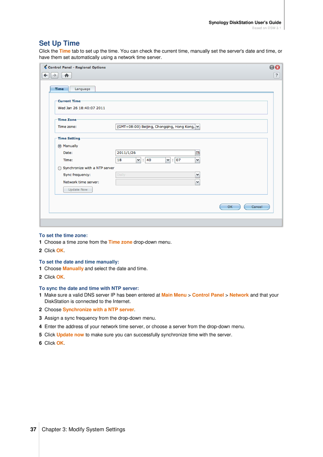 Synology DS411SLIM Set Up Time, To set the time zone, To set the date and time manually 