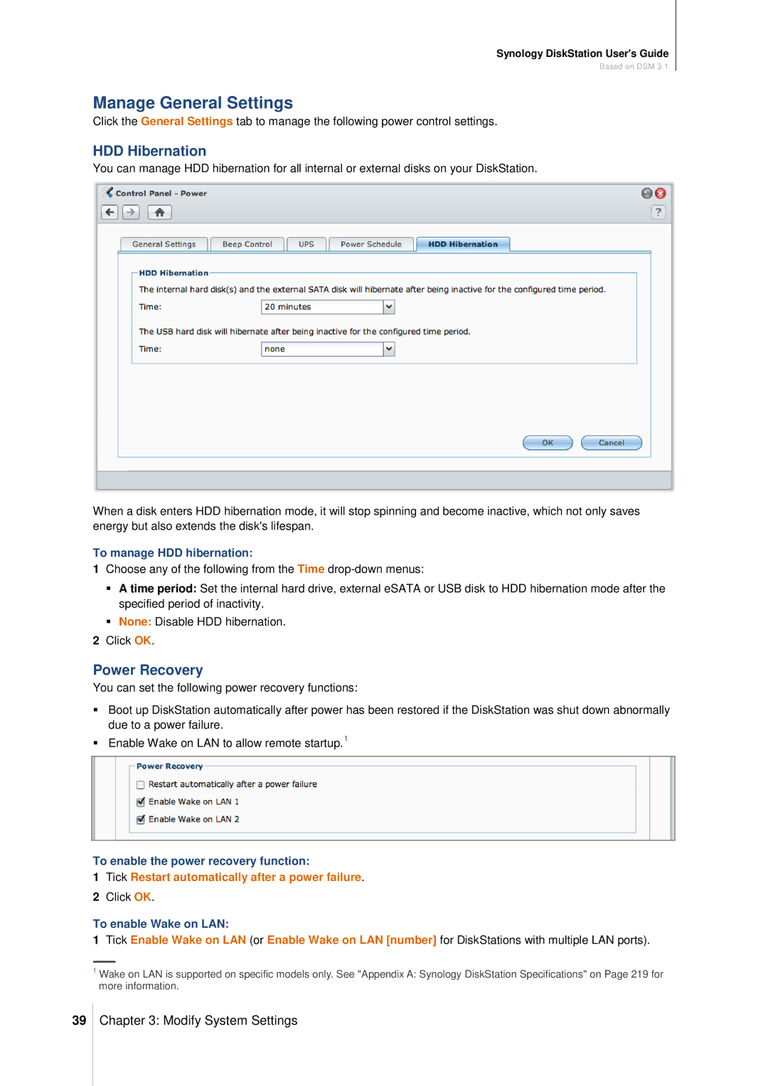 Synology DS411SLIM manual Manage General Settings, HDD Hibernation, Power Recovery 