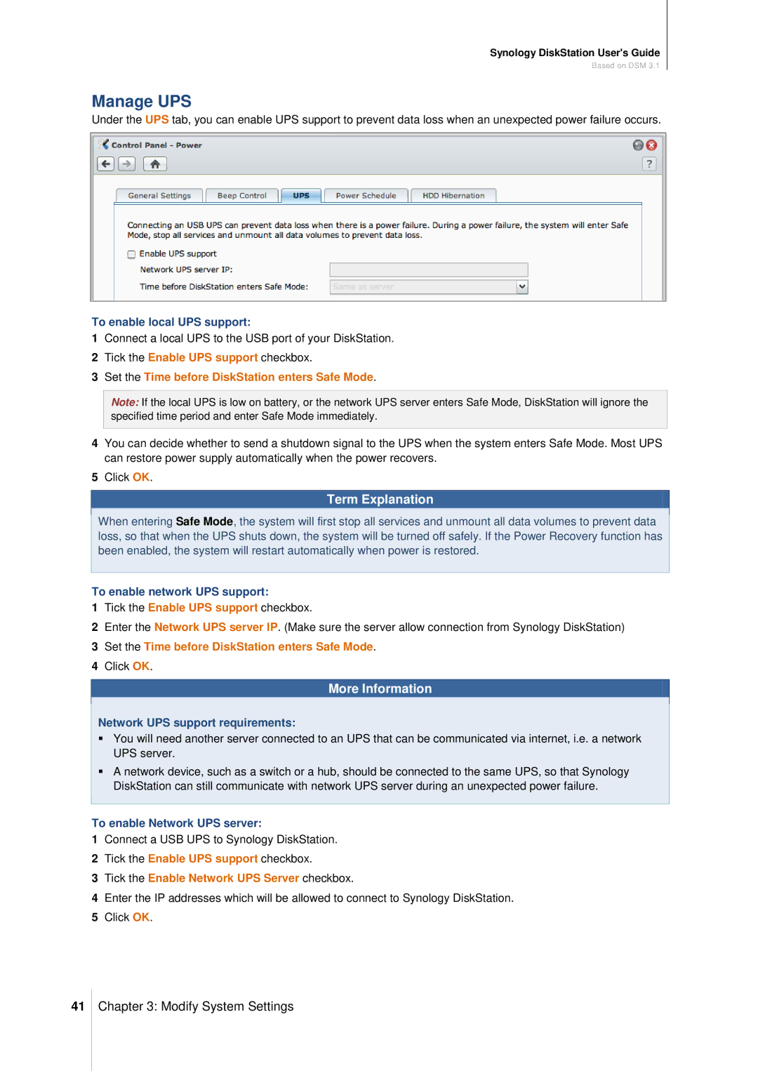 Synology DS411SLIM manual Manage UPS, Tick the Enable UPS support checkbox 