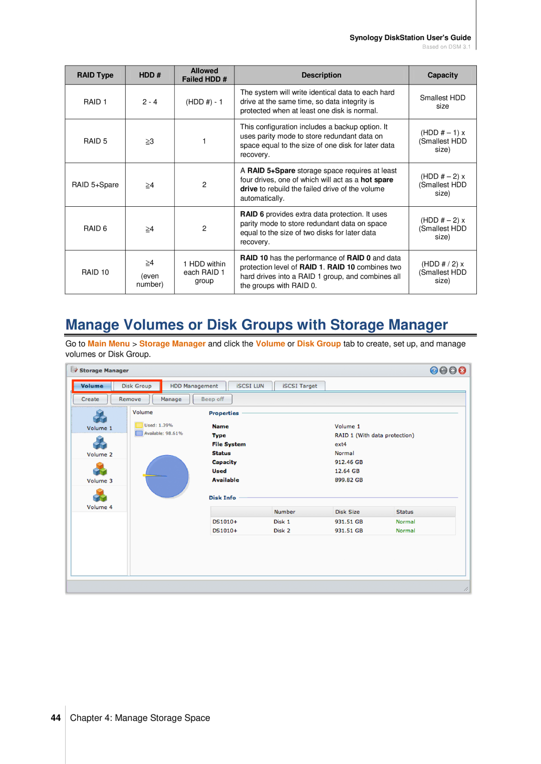 Synology DS411SLIM manual Manage Volumes or Disk Groups with Storage Manager 