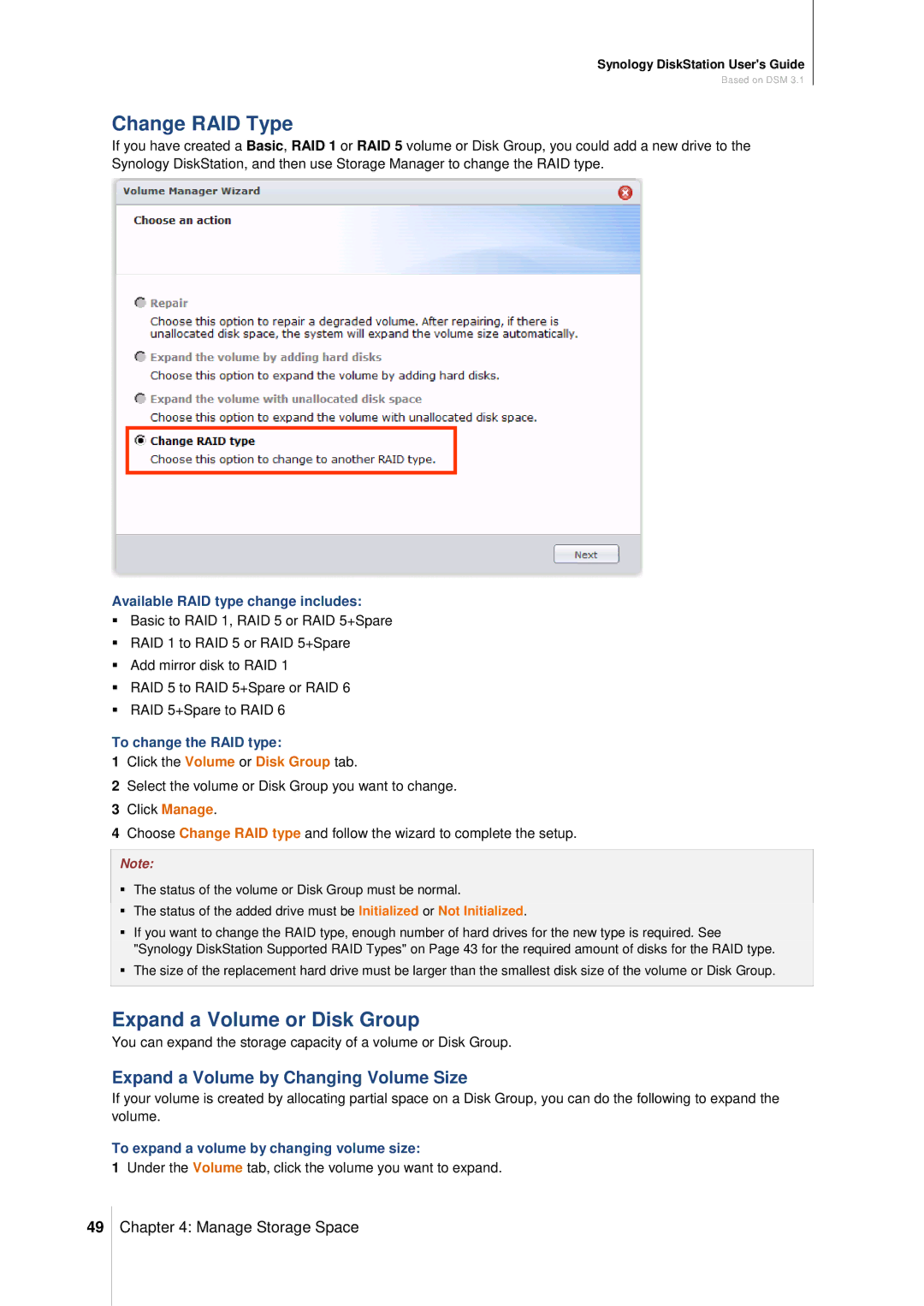 Synology DS411SLIM manual Change RAID Type, Expand a Volume or Disk Group, Expand a Volume by Changing Volume Size 