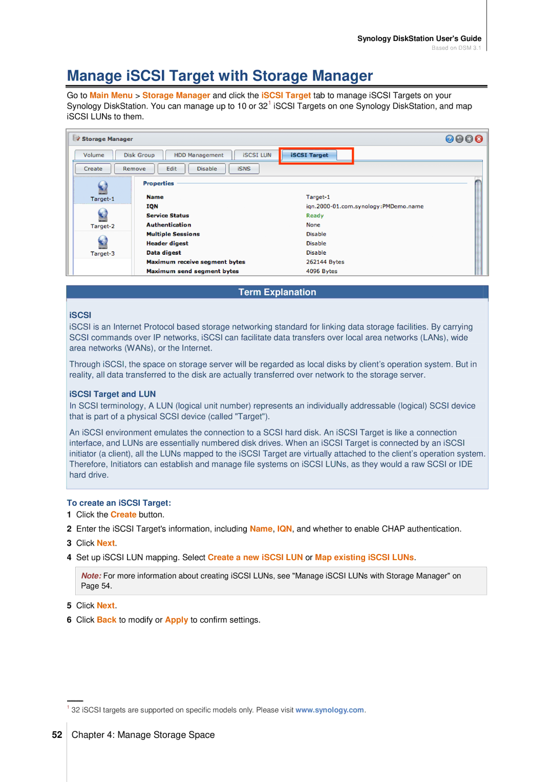 Synology DS411SLIM manual Manage iSCSI Target with Storage Manager, Iscsi, ISCSI Target and LUN, To create an iSCSI Target 