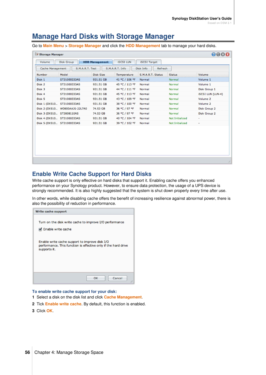 Synology DS411SLIM manual Manage Hard Disks with Storage Manager, Enable Write Cache Support for Hard Disks 