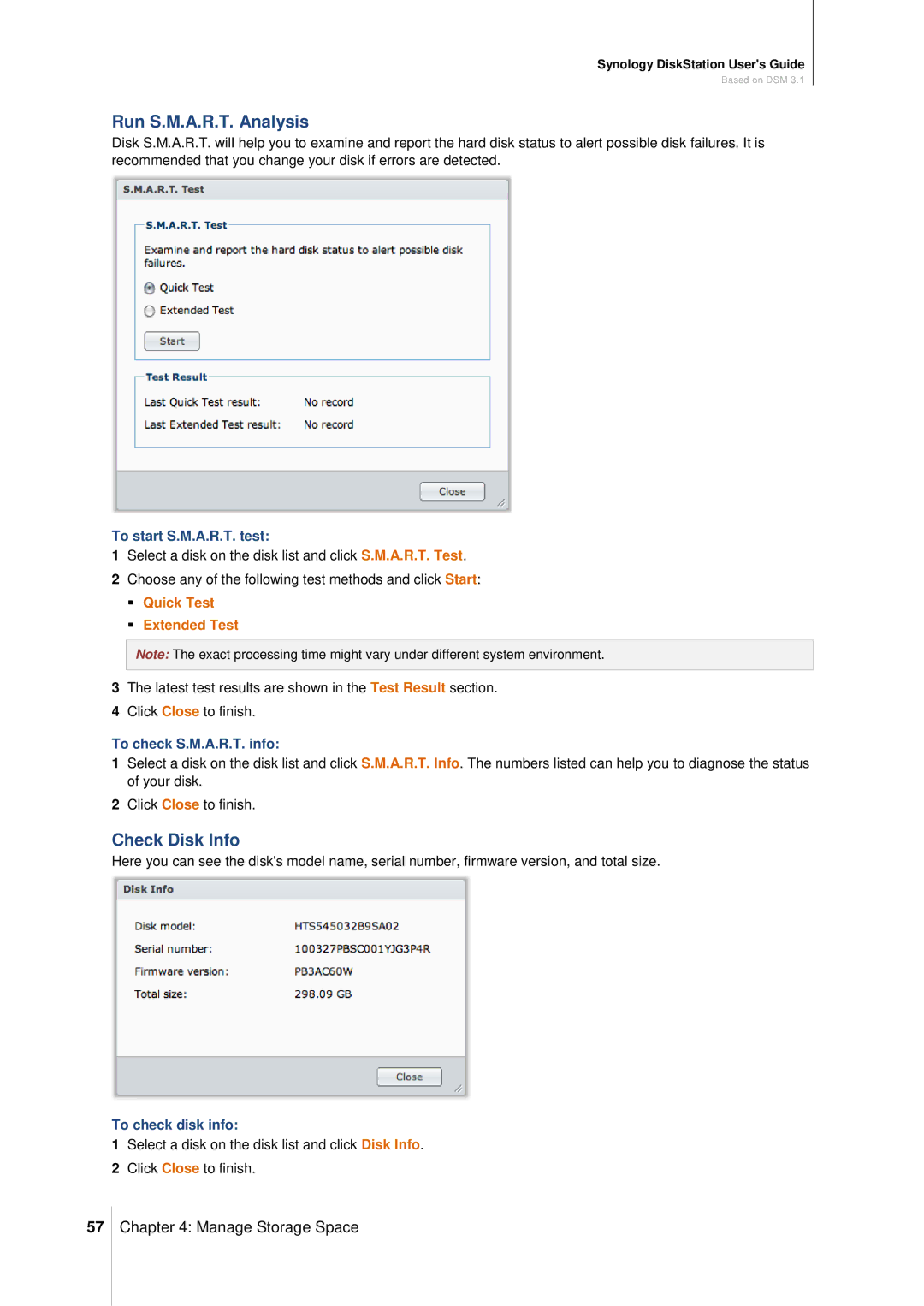 Synology DS411SLIM manual Run S.M.A.R.T. Analysis, Check Disk Info,  Quick Test  Extended Test 