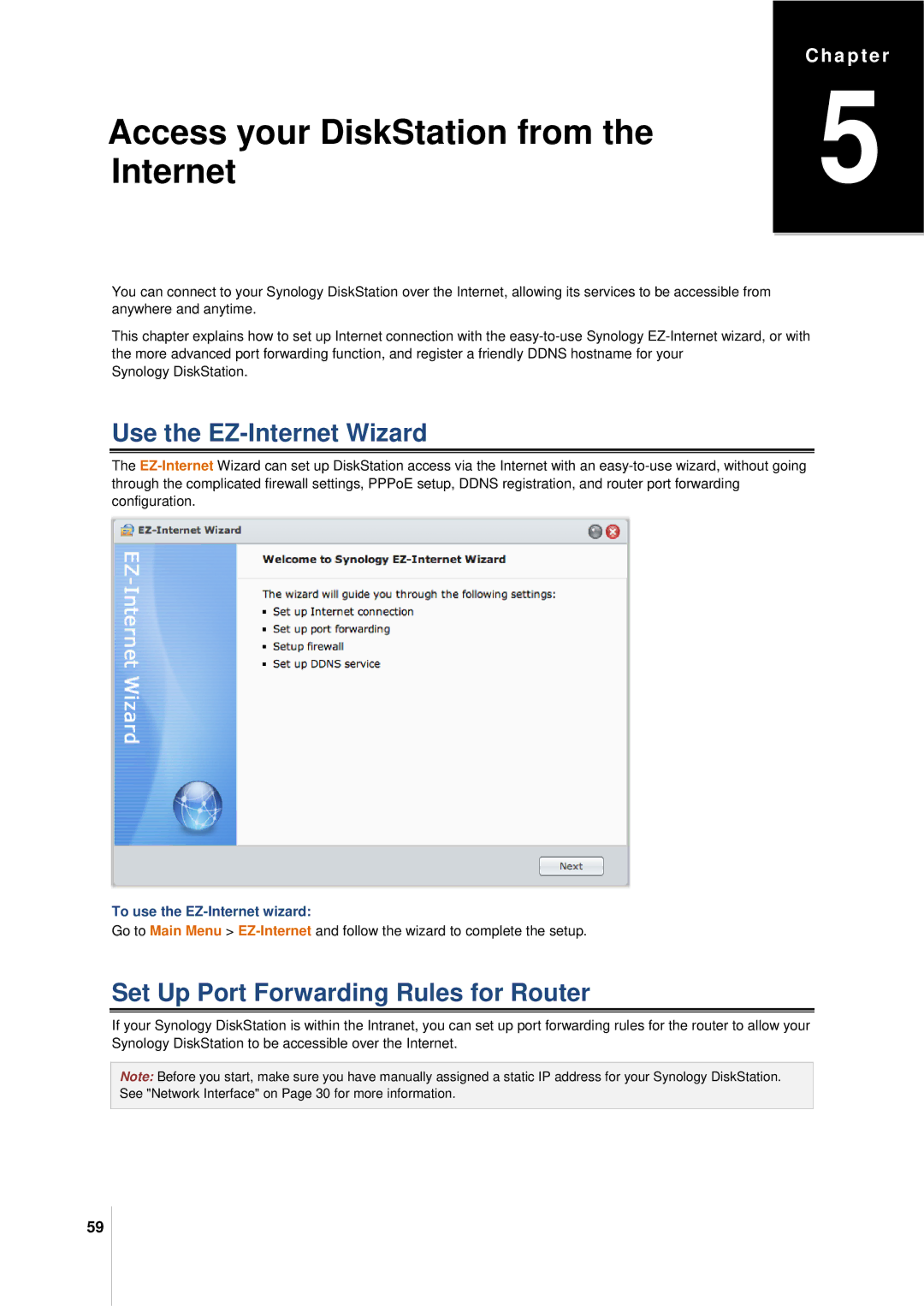 Synology DS411SLIM Use the EZ-Internet Wizard, Set Up Port Forwarding Rules for Router, To use the EZ-Internet wizard 