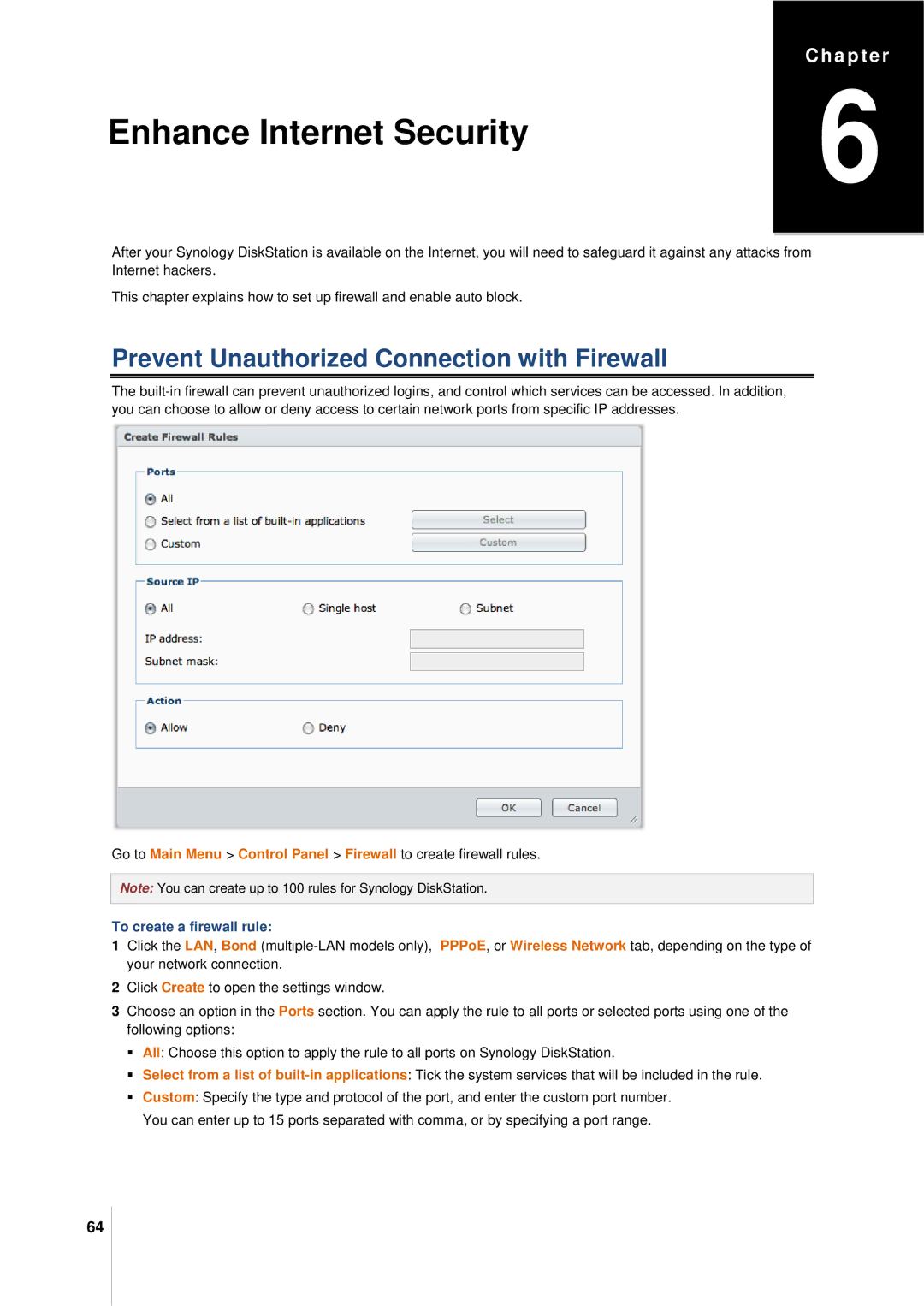 Synology DS411SLIM manual Prevent Unauthorized Connection with Firewall, To create a firewall rule 