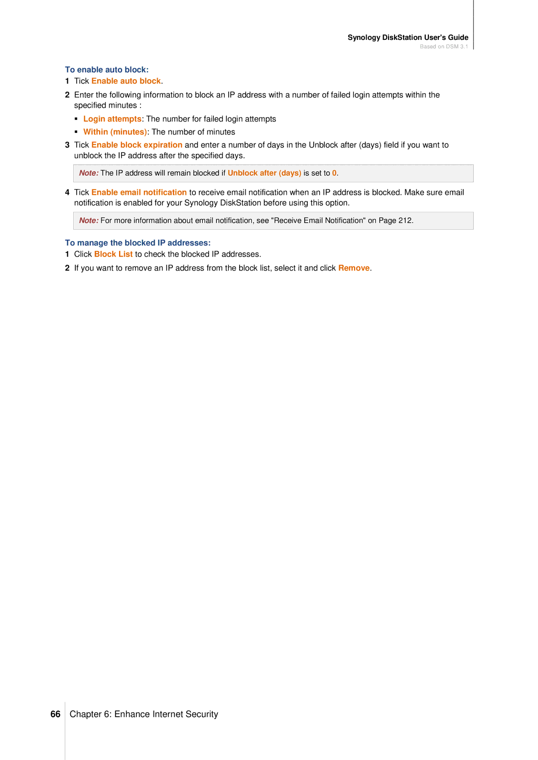 Synology DS411SLIM manual To enable auto block, Tick Enable auto block, To manage the blocked IP addresses 