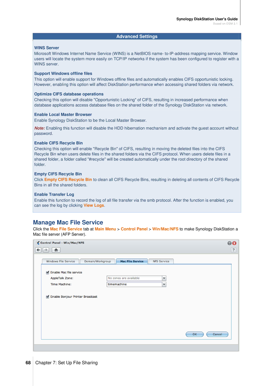 Synology DS411SLIM manual Manage Mac File Service 