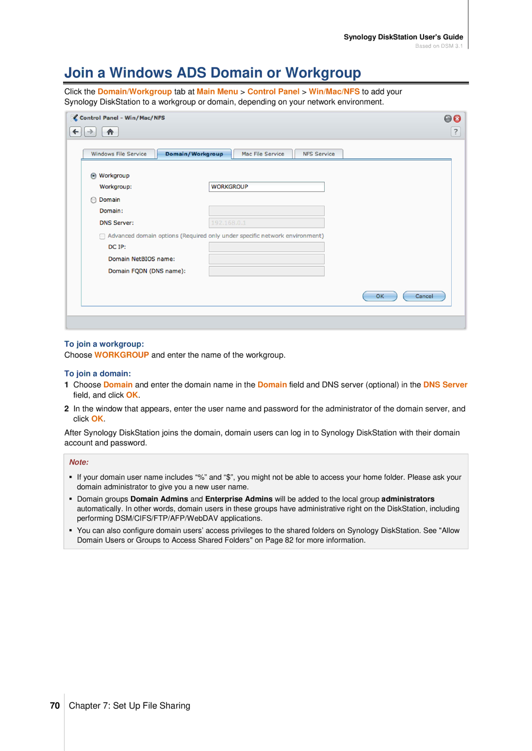 Synology DS411SLIM manual Join a Windows ADS Domain or Workgroup, To join a workgroup, To join a domain 