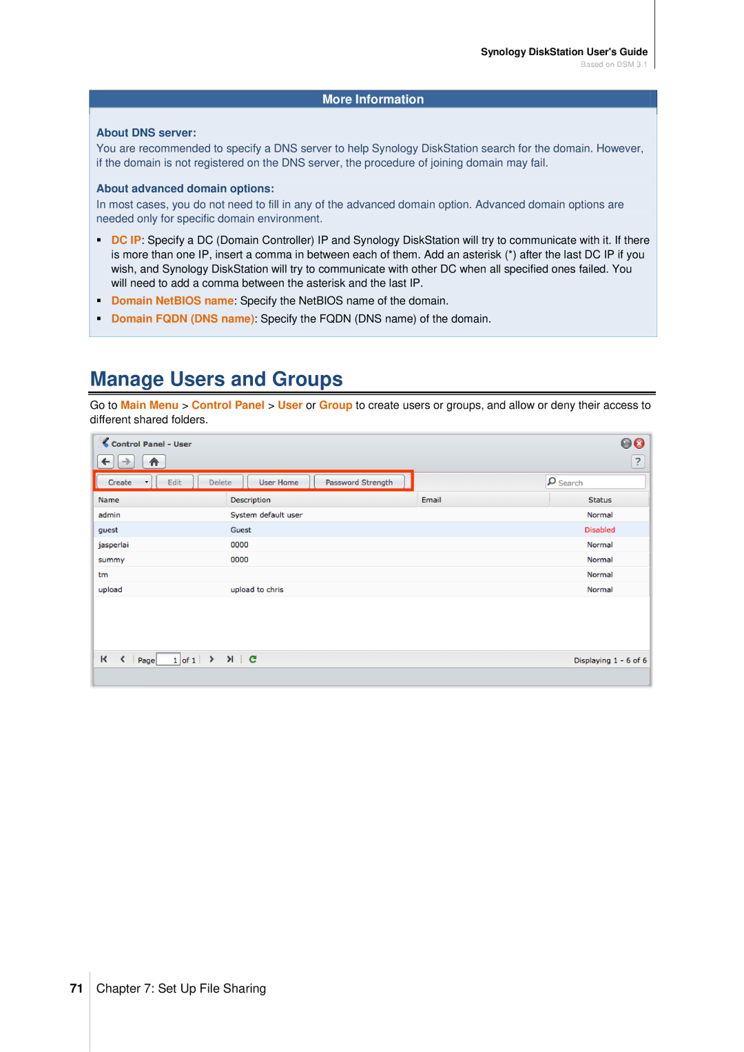 Synology DS411SLIM manual Manage Users and Groups, About DNS server, About advanced domain options 