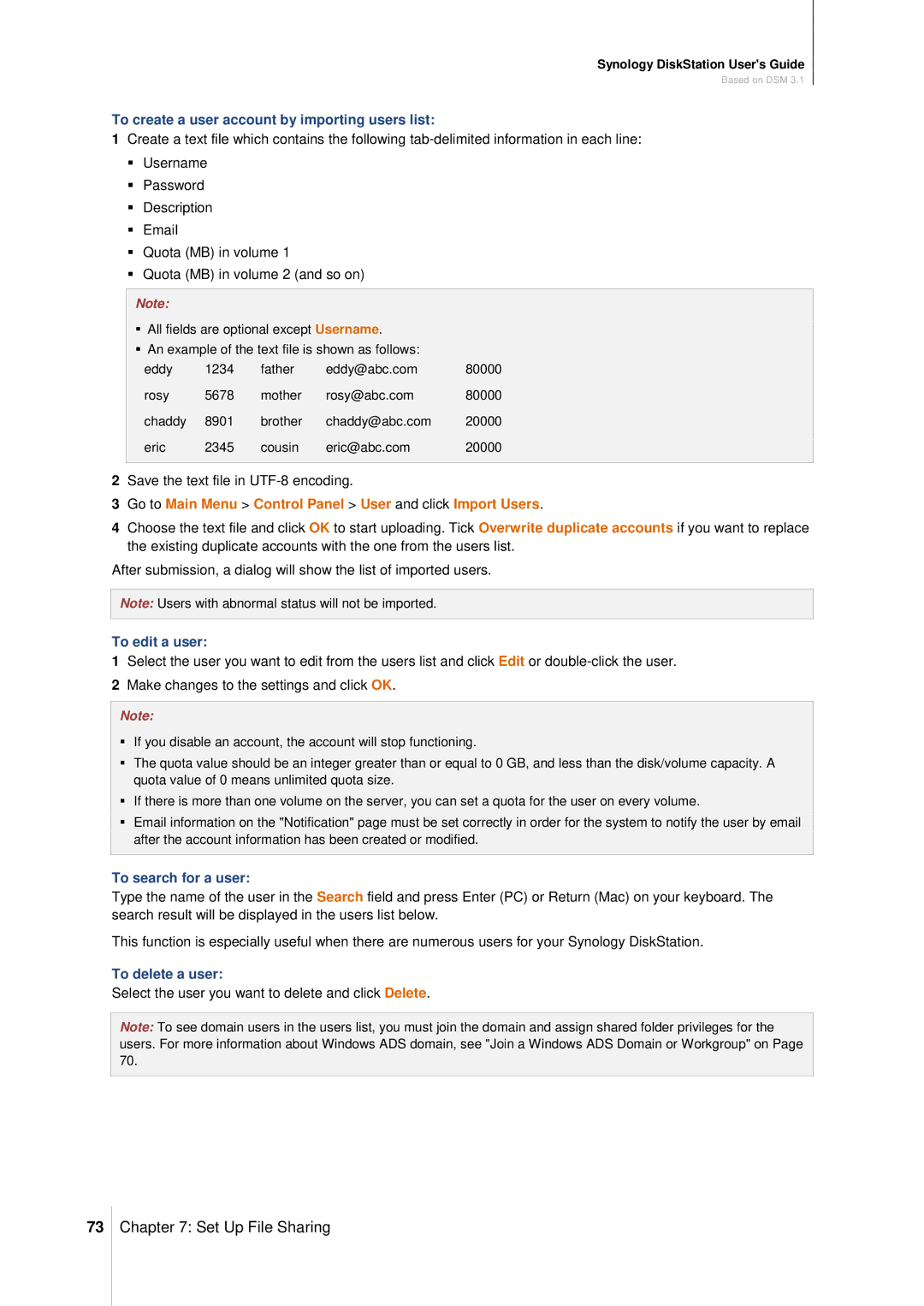 Synology DS411SLIM manual To create a user account by importing users list, To edit a user, To search for a user 