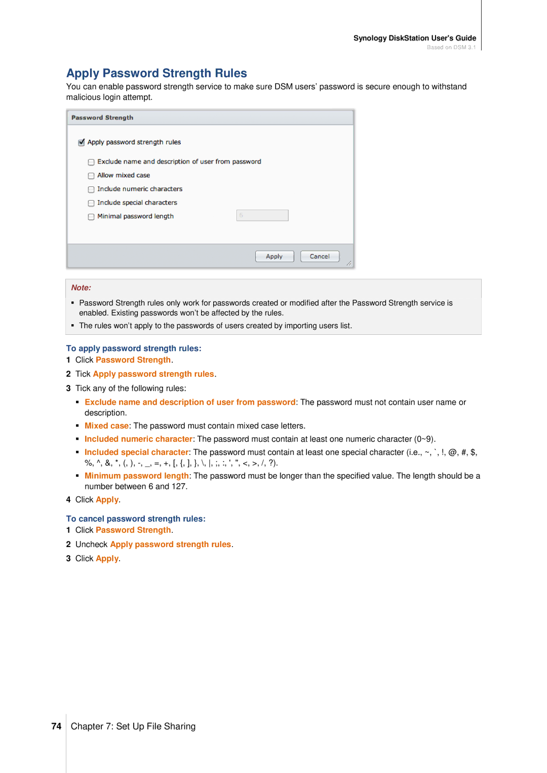 Synology DS411SLIM Apply Password Strength Rules, To apply password strength rules, To cancel password strength rules 