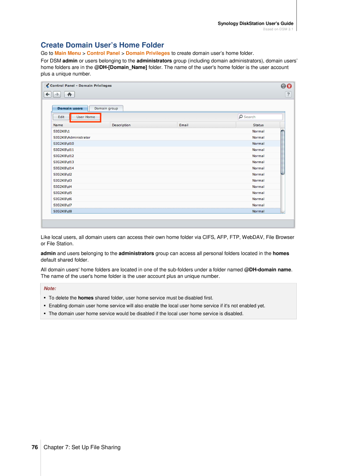 Synology DS411SLIM manual Create Domain User’s Home Folder 