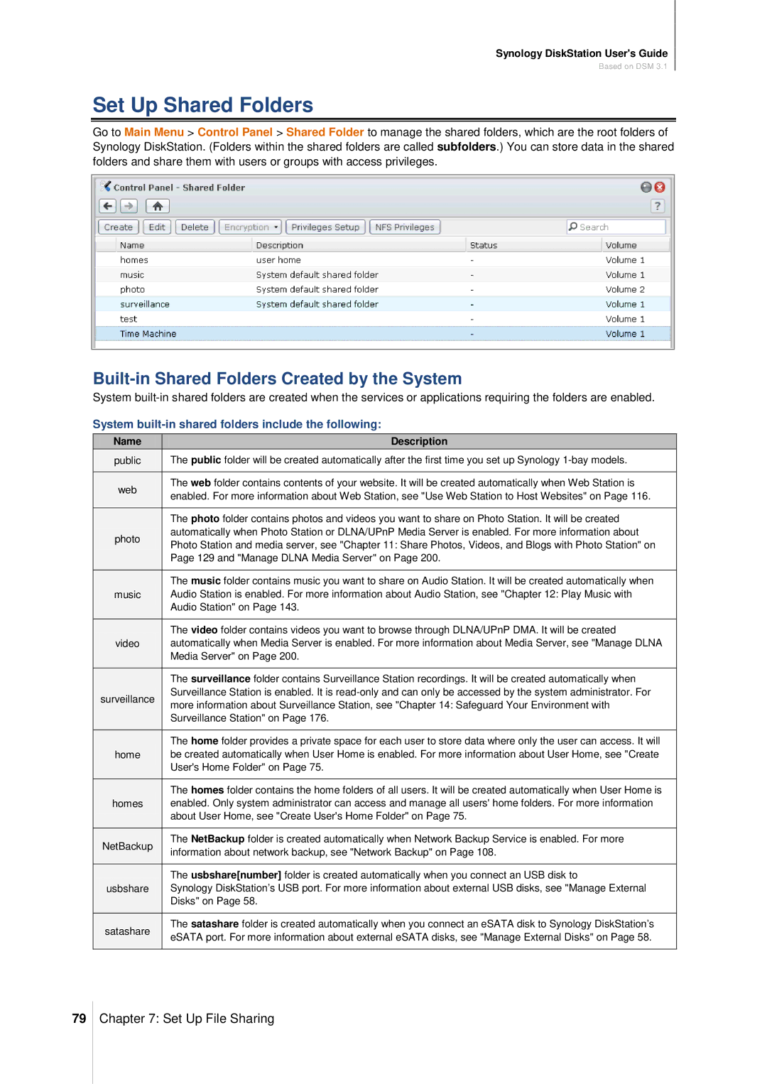 Synology DS411SLIM manual Set Up Shared Folders, Built-in Shared Folders Created by the System 