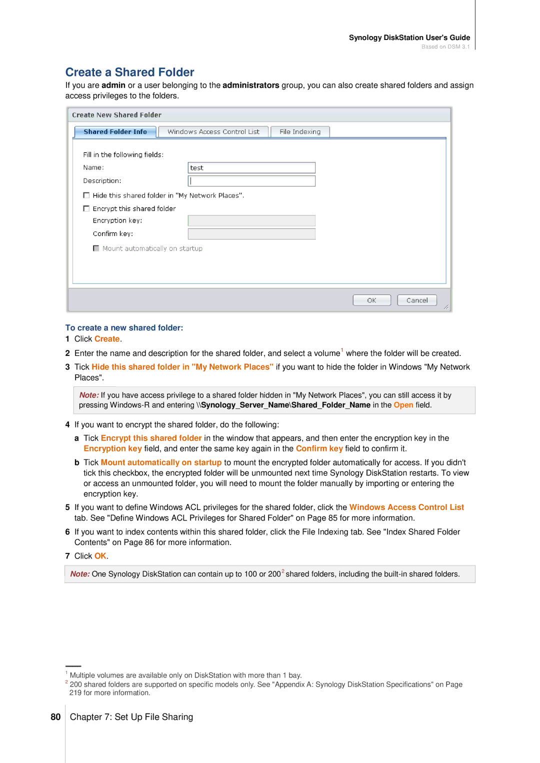 Synology DS411SLIM manual Create a Shared Folder, To create a new shared folder 